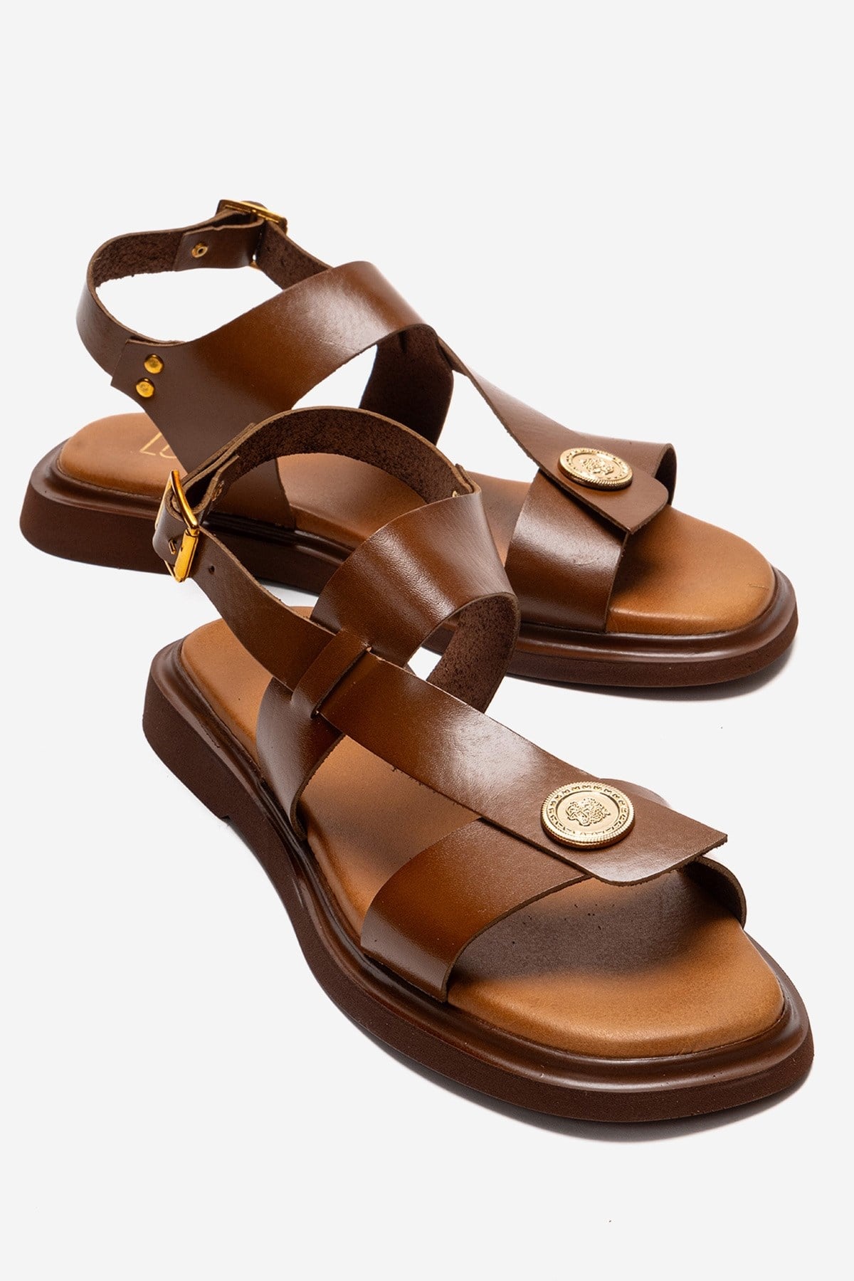 Quella - Cognac Genuine Leather Buckle Sandal – front three-quarter view showing leather, Vowalisse