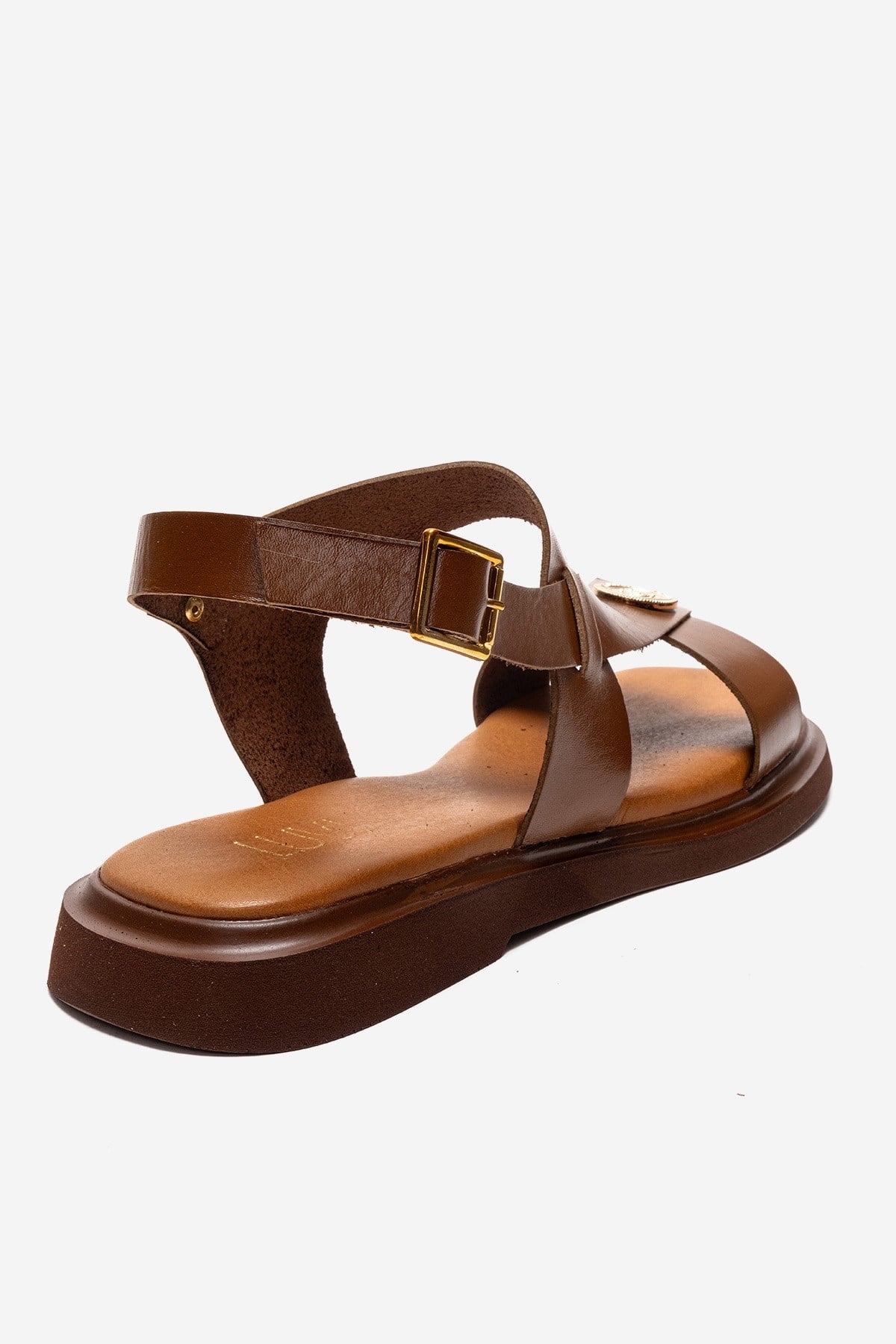 Quella - Cognac Genuine Leather Buckle Sandal – back view showing leather, Vowalisse