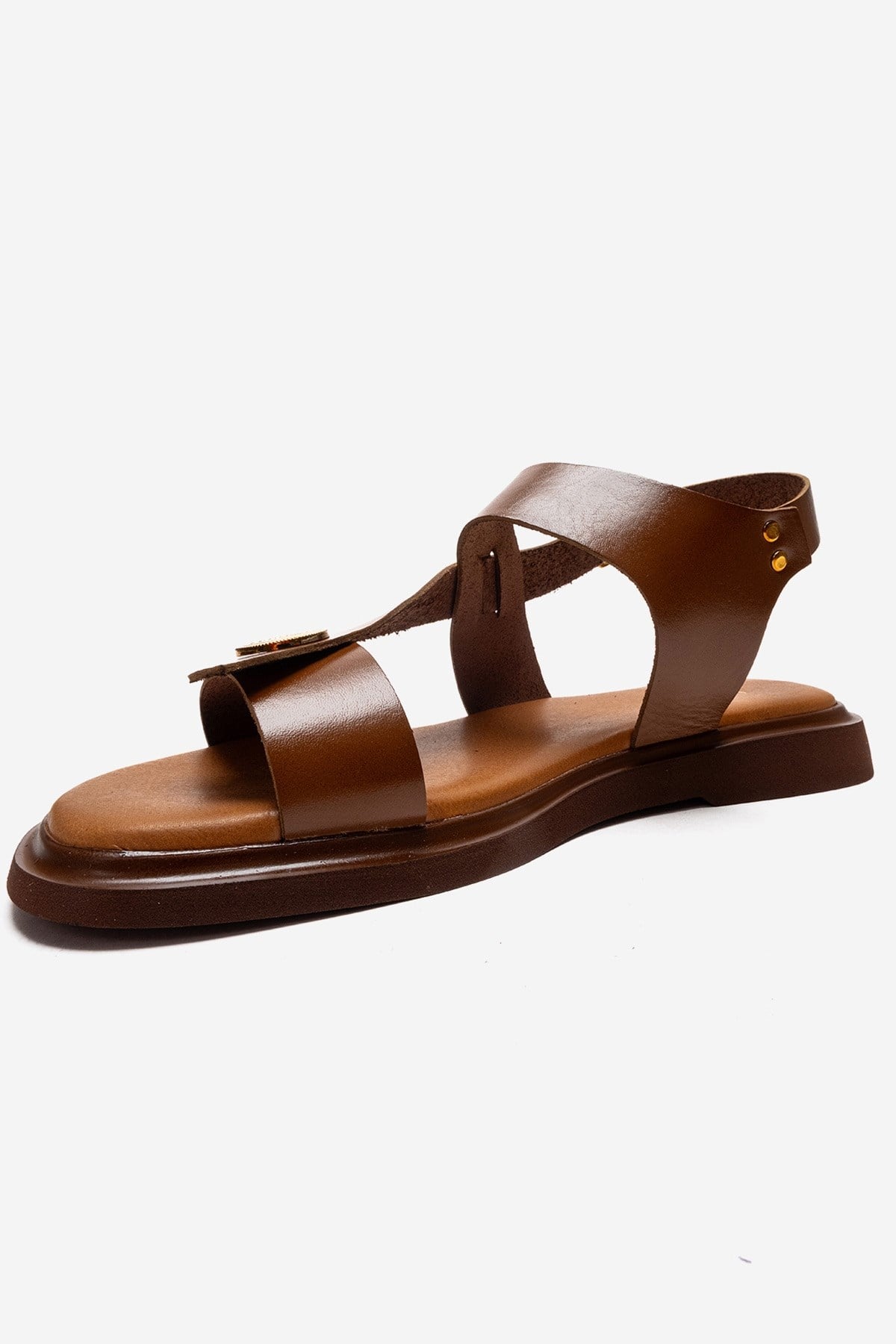 Quella - Cognac Genuine Leather Buckle Sandal – top view showing leather, Vowalisse