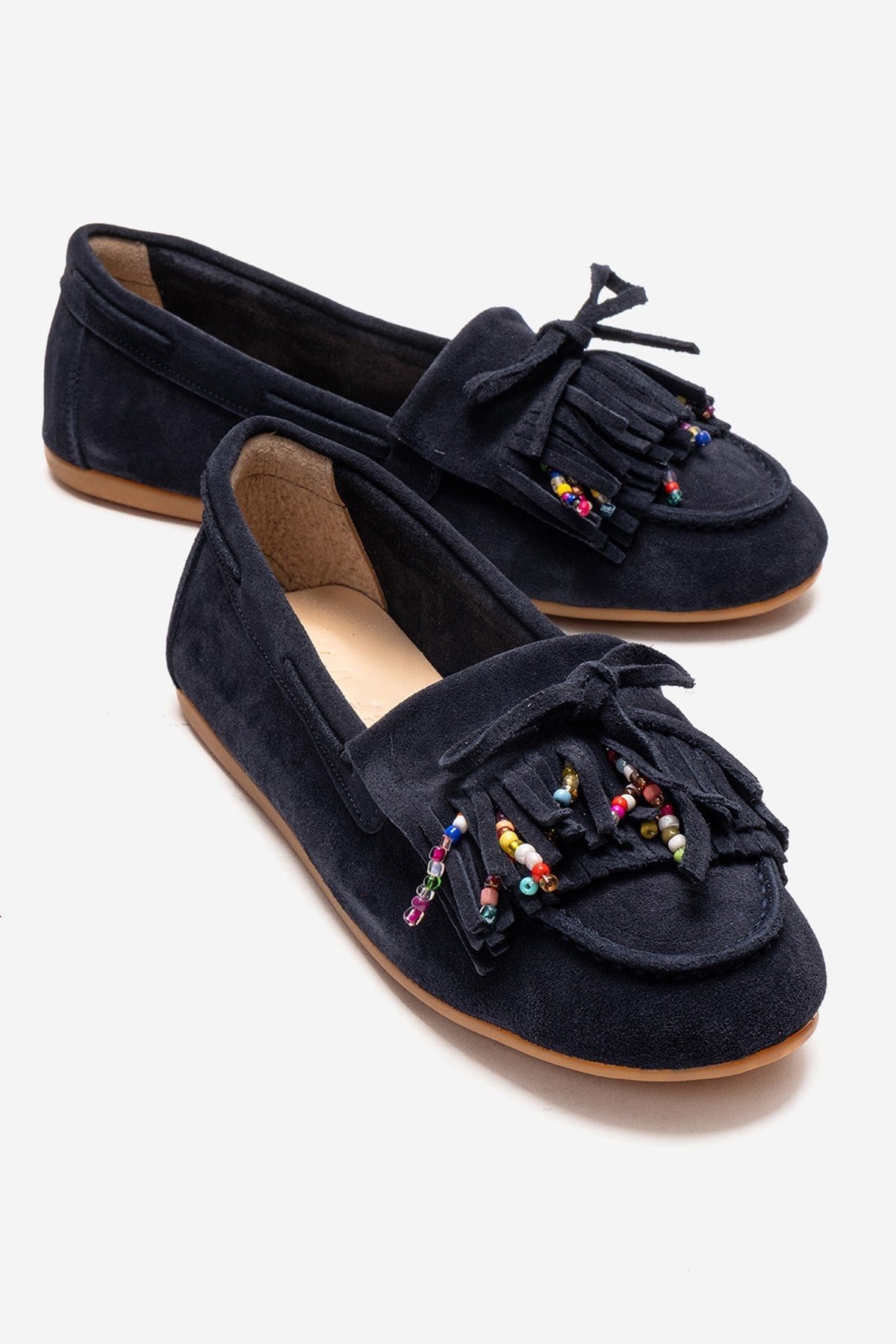 Evelyn - Navy Genuine Leather Loafer – front three-quarter view showing leather, suede, Vowalisse