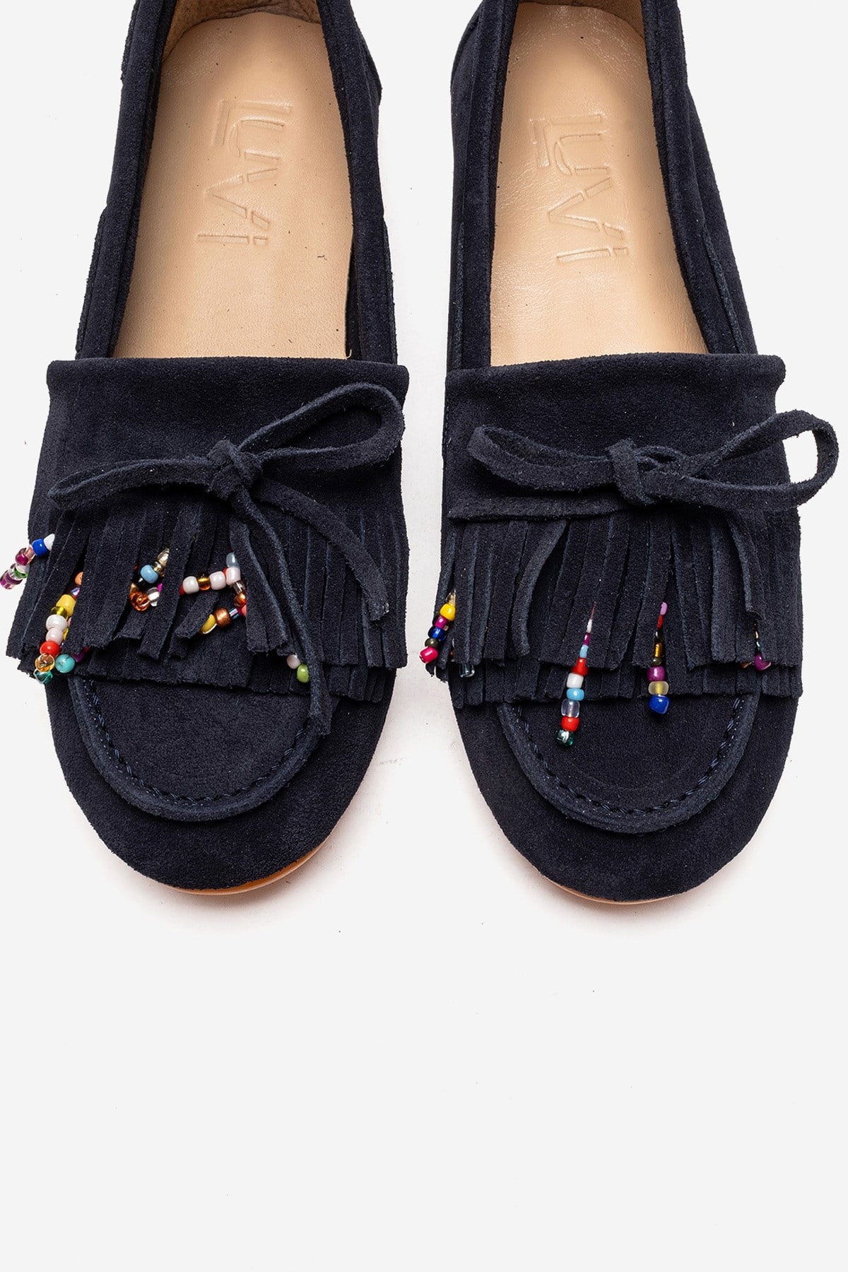 Evelyn - Navy Genuine Leather Loafer – side view showing leather, suede, Vowalisse