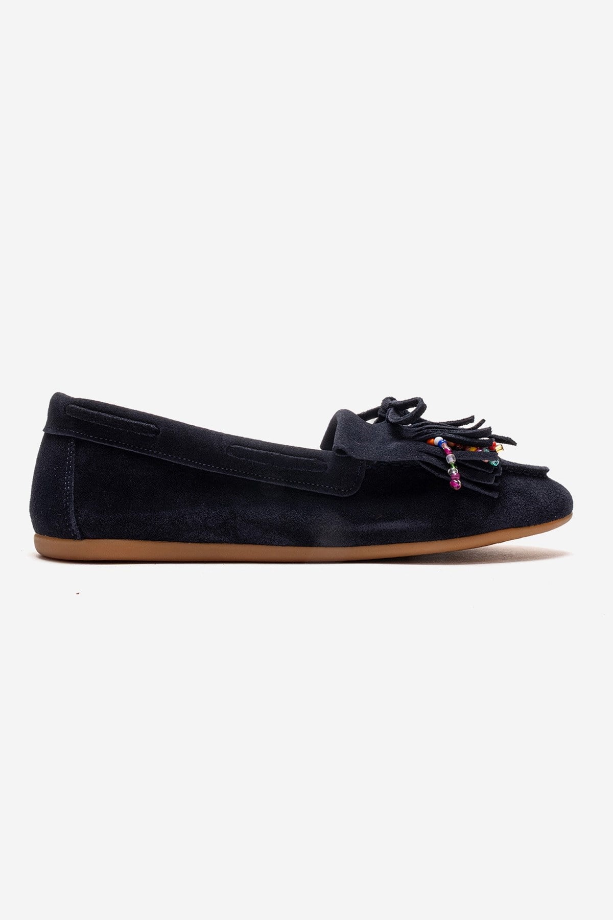 Evelyn - Navy Genuine Leather Loafer – heel view showing leather, suede, Vowalisse