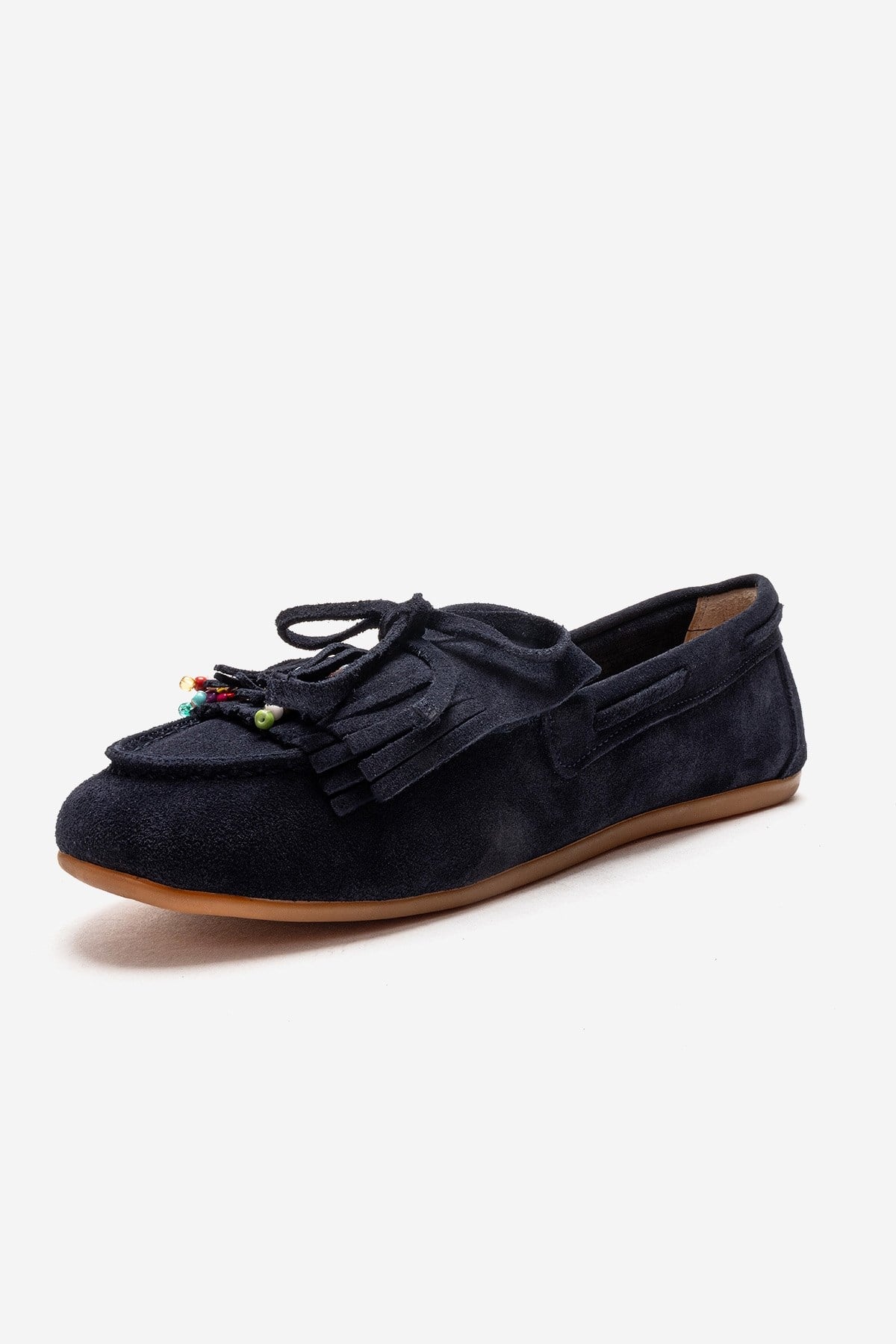 Evelyn - Navy Genuine Leather Loafer – top view showing leather, suede, Vowalisse