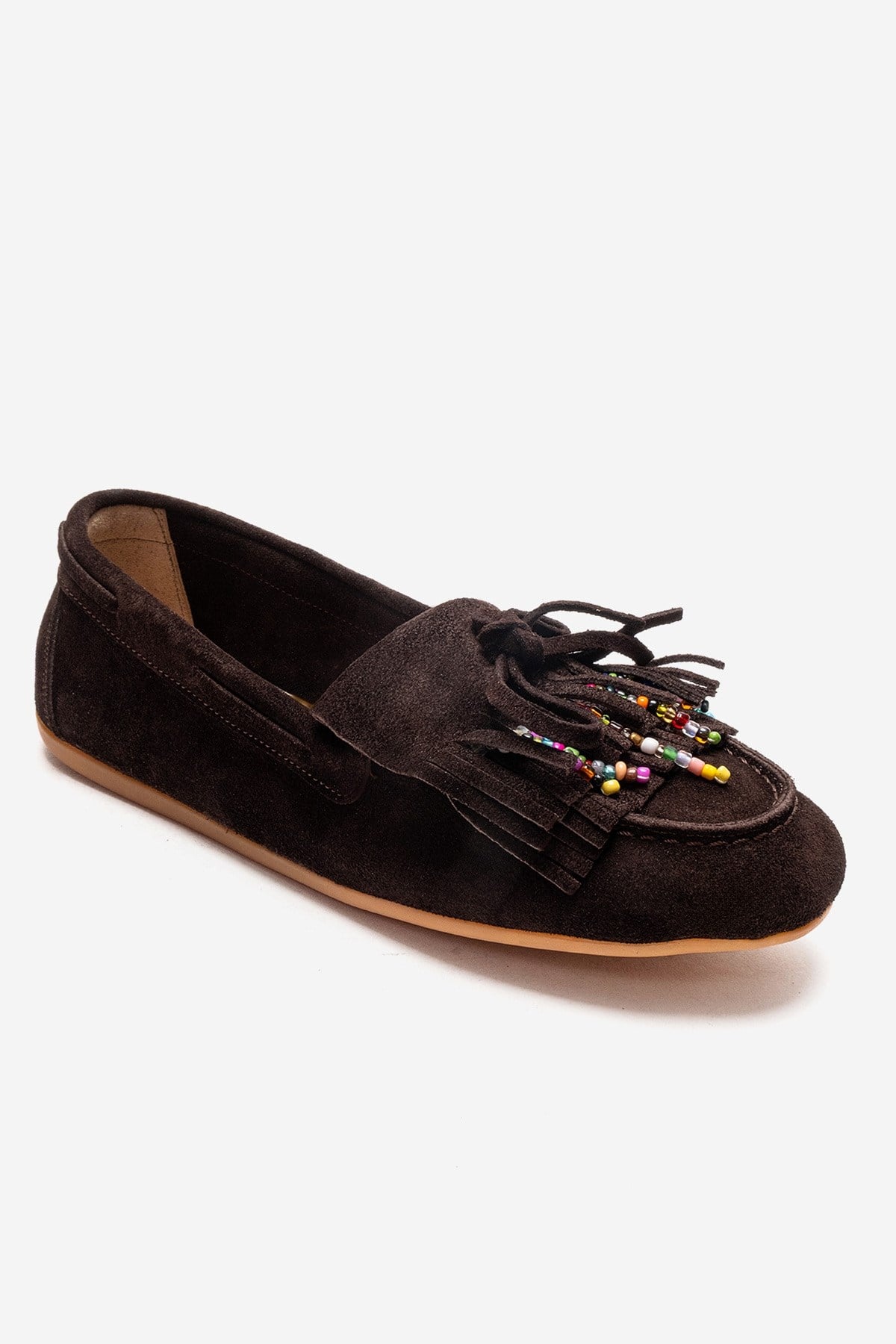 Evelyn - Brown Genuine Leather Suede Loafer – detail view showing leather, suede, Vowalisse