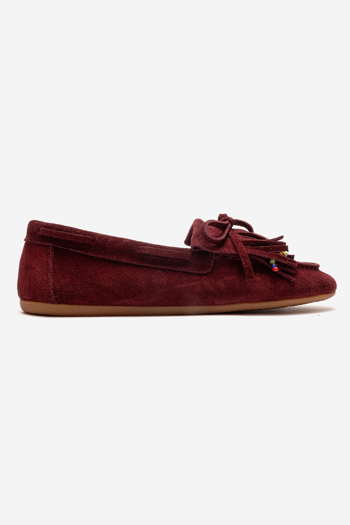 Evelyn - Burgundy Genuine Leather Suede Loafer – heel view showing leather, suede, Vowalisse