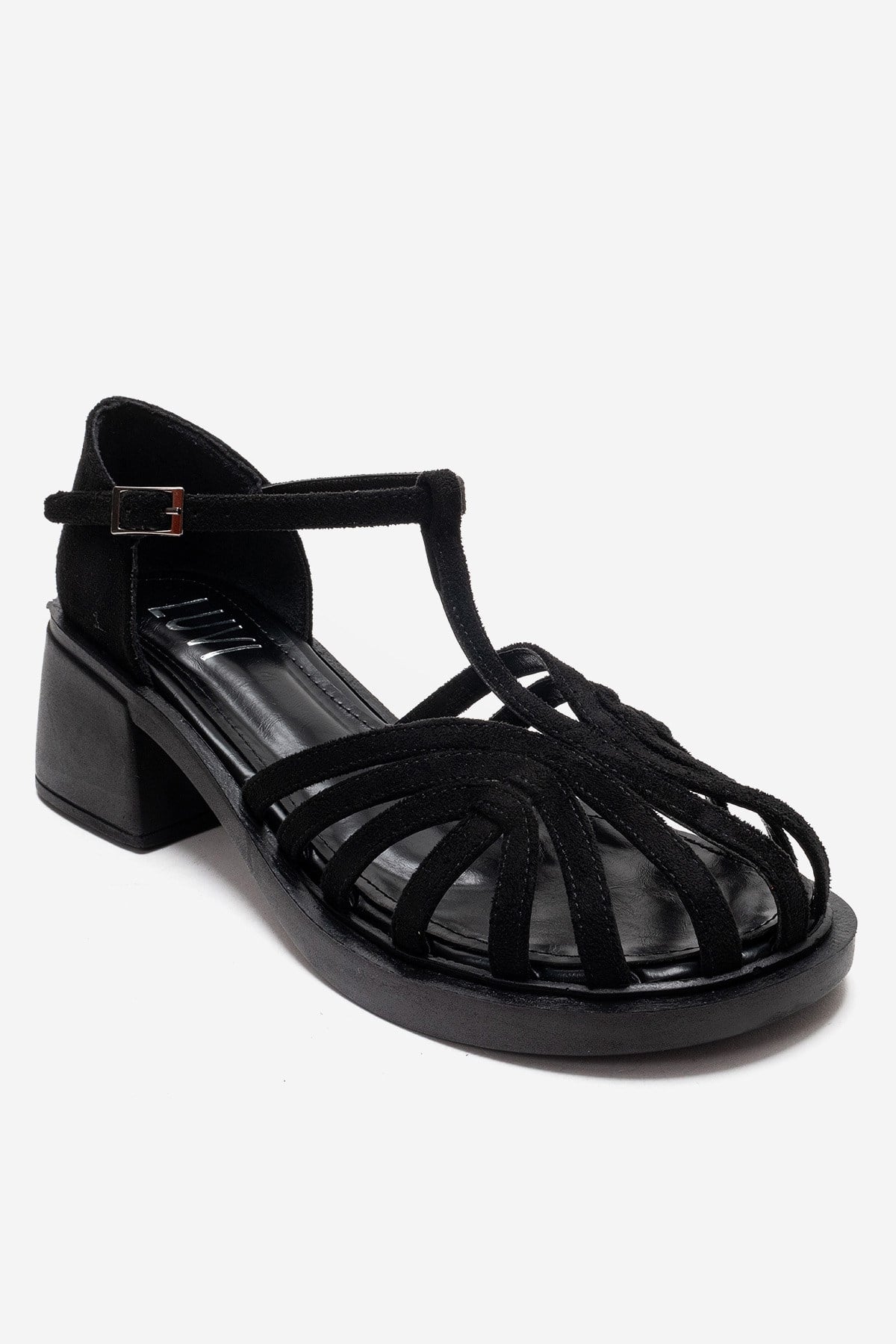 Nolana - Black Block Heel Sandal – detail view showing leather, suede, black, Vowalisse
