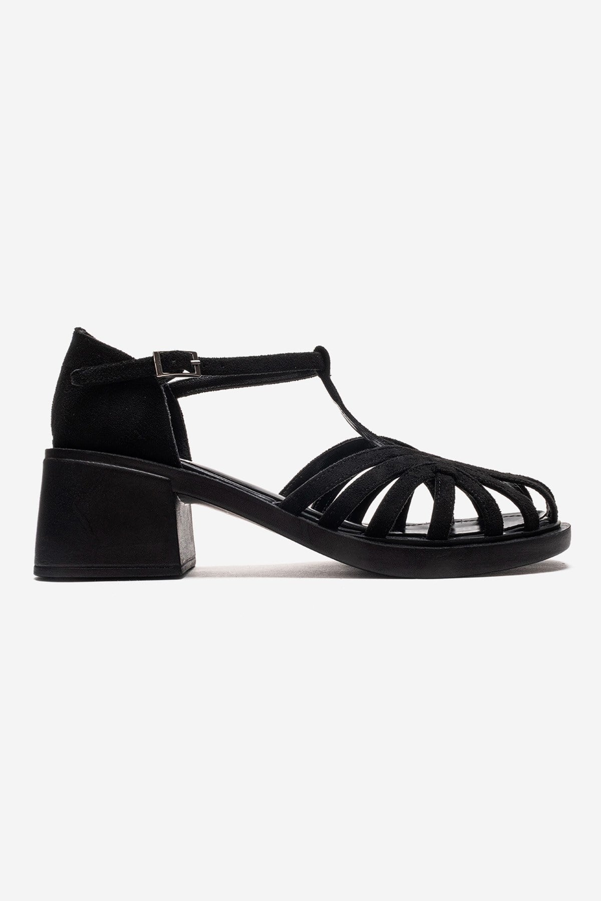 Nolana - Black Block Heel Sandal – heel view showing leather, suede, black, Vowalisse