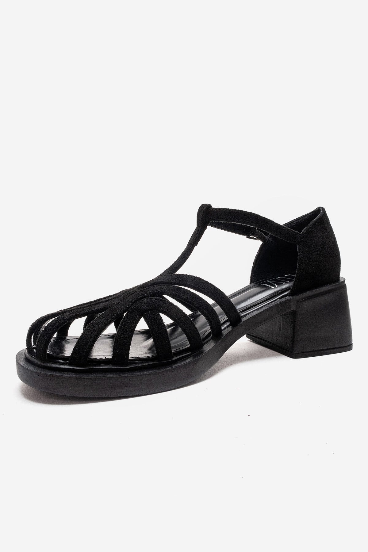 Nolana - Black Block Heel Sandal – top view showing leather, suede, black, Vowalisse