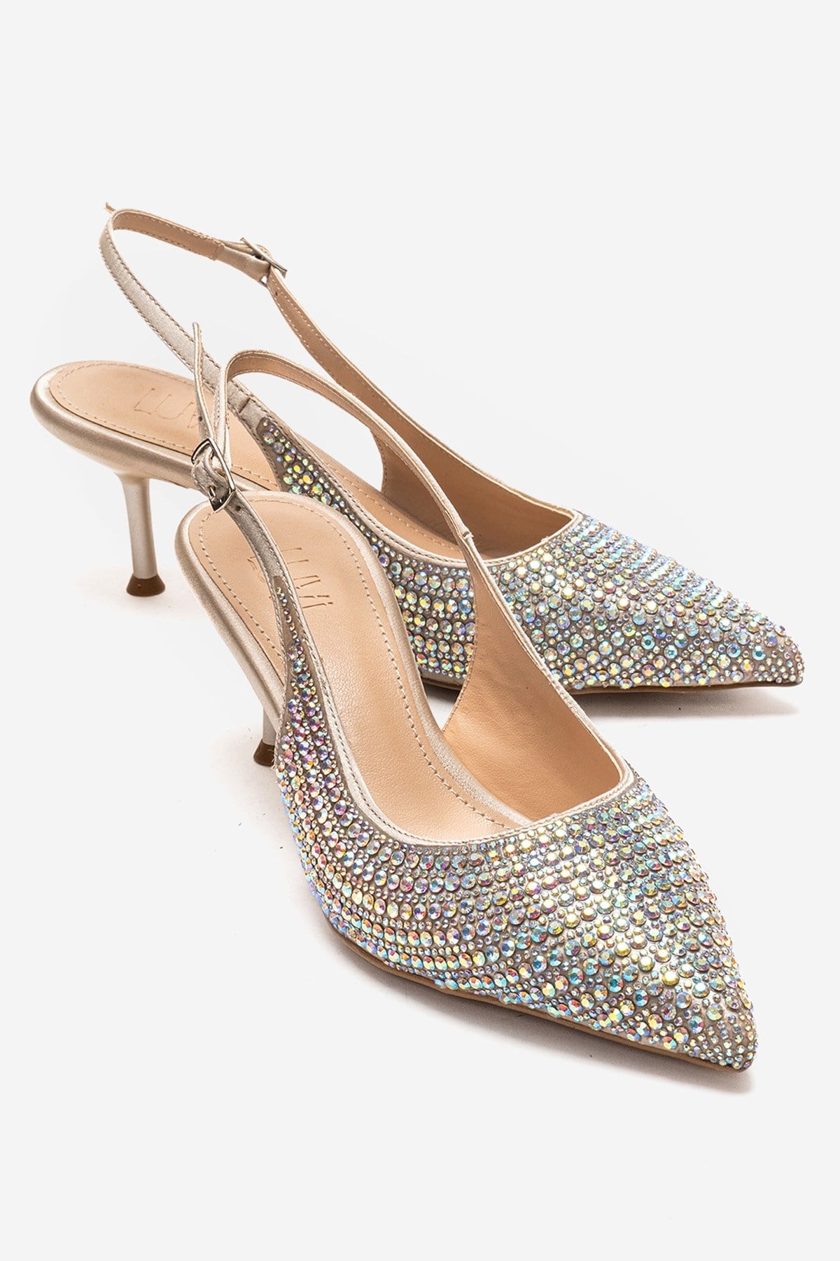 Yasmina - Nude Stone Embellished Stiletto Pump – front three-quarter view showing leather, nude, Vowalisse