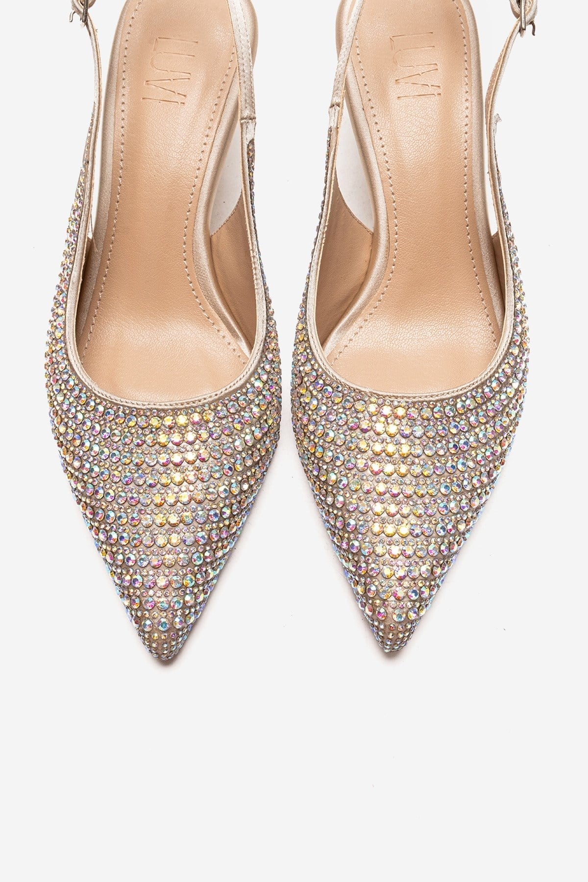 Yasmina - Nude Stone Embellished Stiletto Pump – side view showing leather, nude, Vowalisse