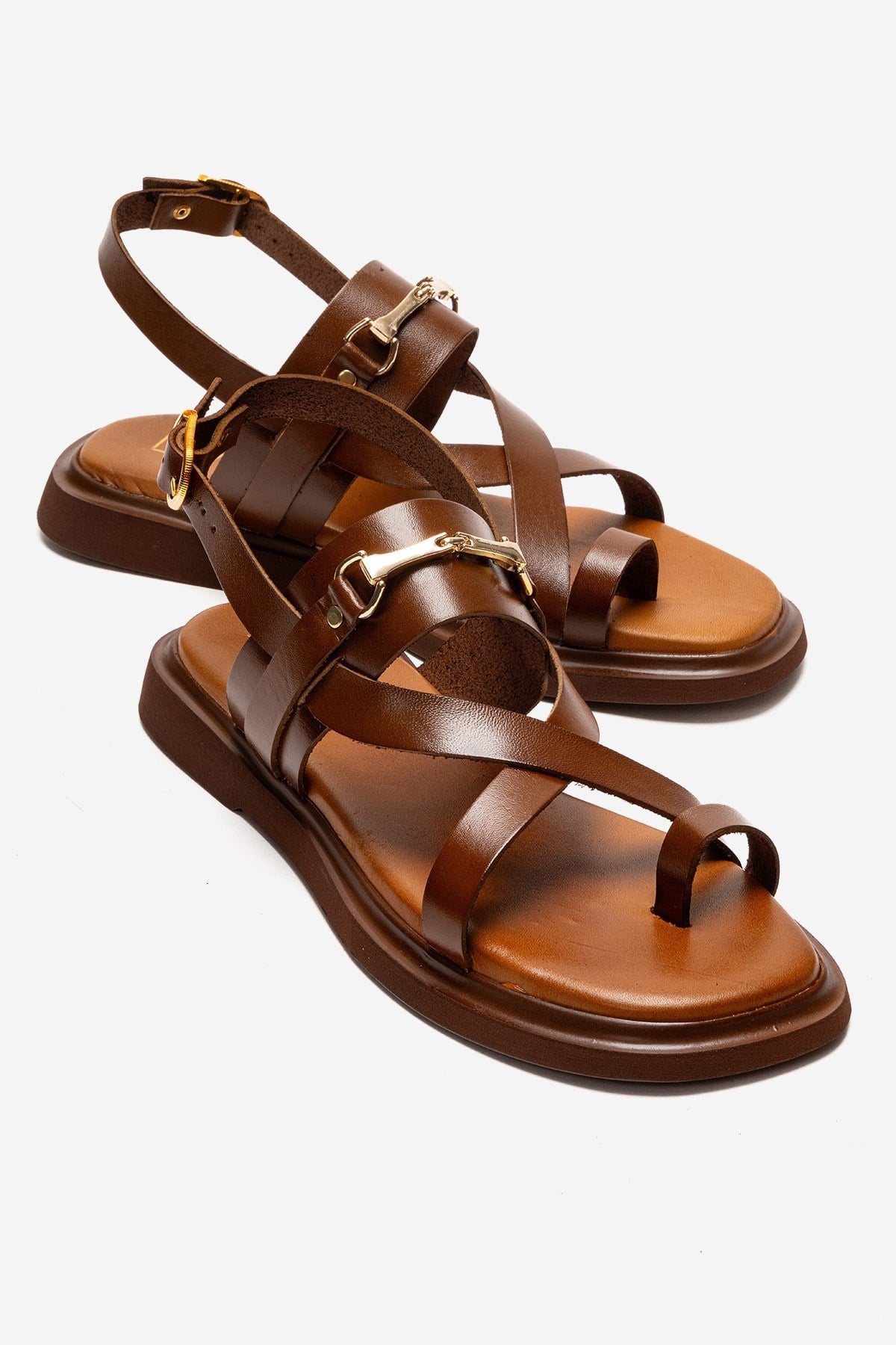 FABIANA - Camel Genuine Leather Toe-Post Sandal – front three-quarter view showing leather, gold, Vowalisse