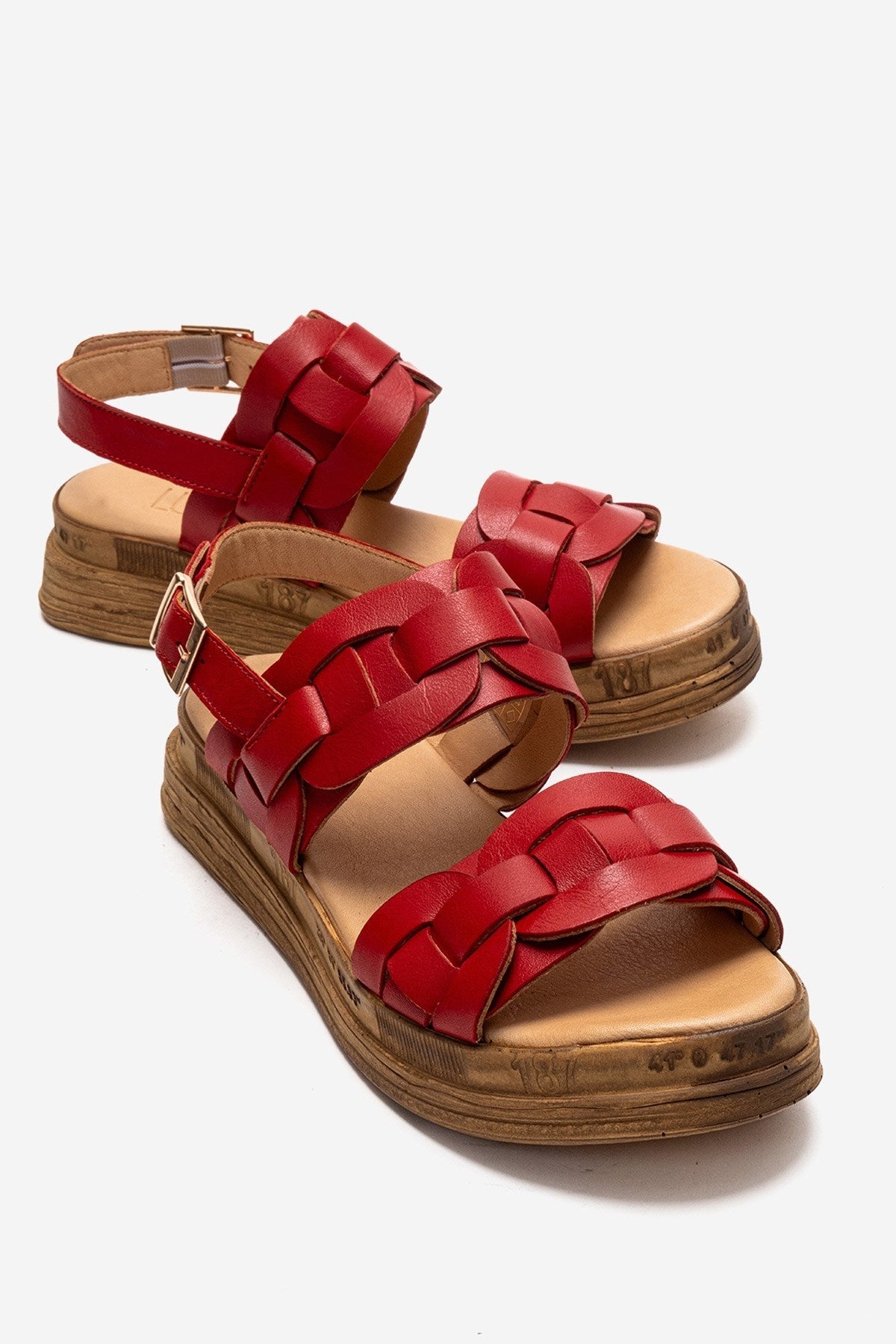 ELVORO - Red Genuine Leather Sandal – front three-quarter view showing leather, red, Vowalisse