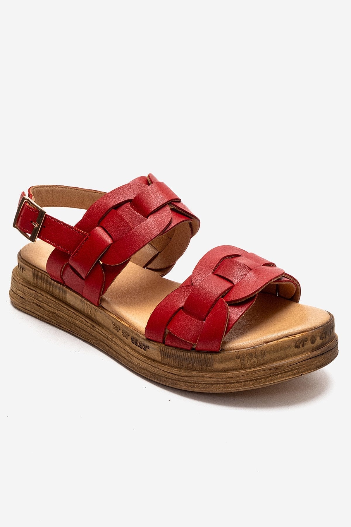 ELVORO - Red Genuine Leather Sandal – detail view showing leather, red, Vowalisse