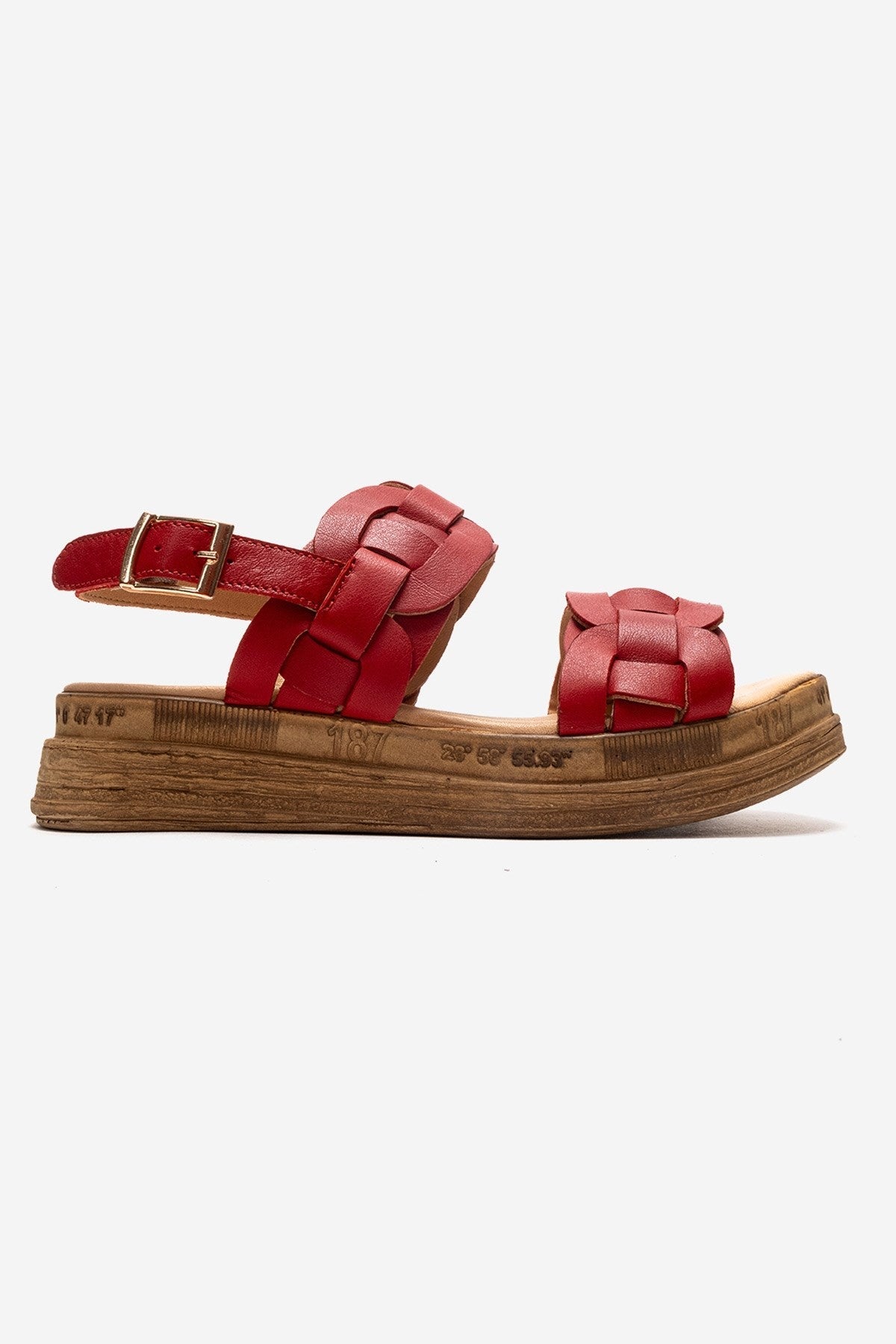 ELVORO - Red Genuine Leather Sandal – heel view showing leather, red, Vowalisse