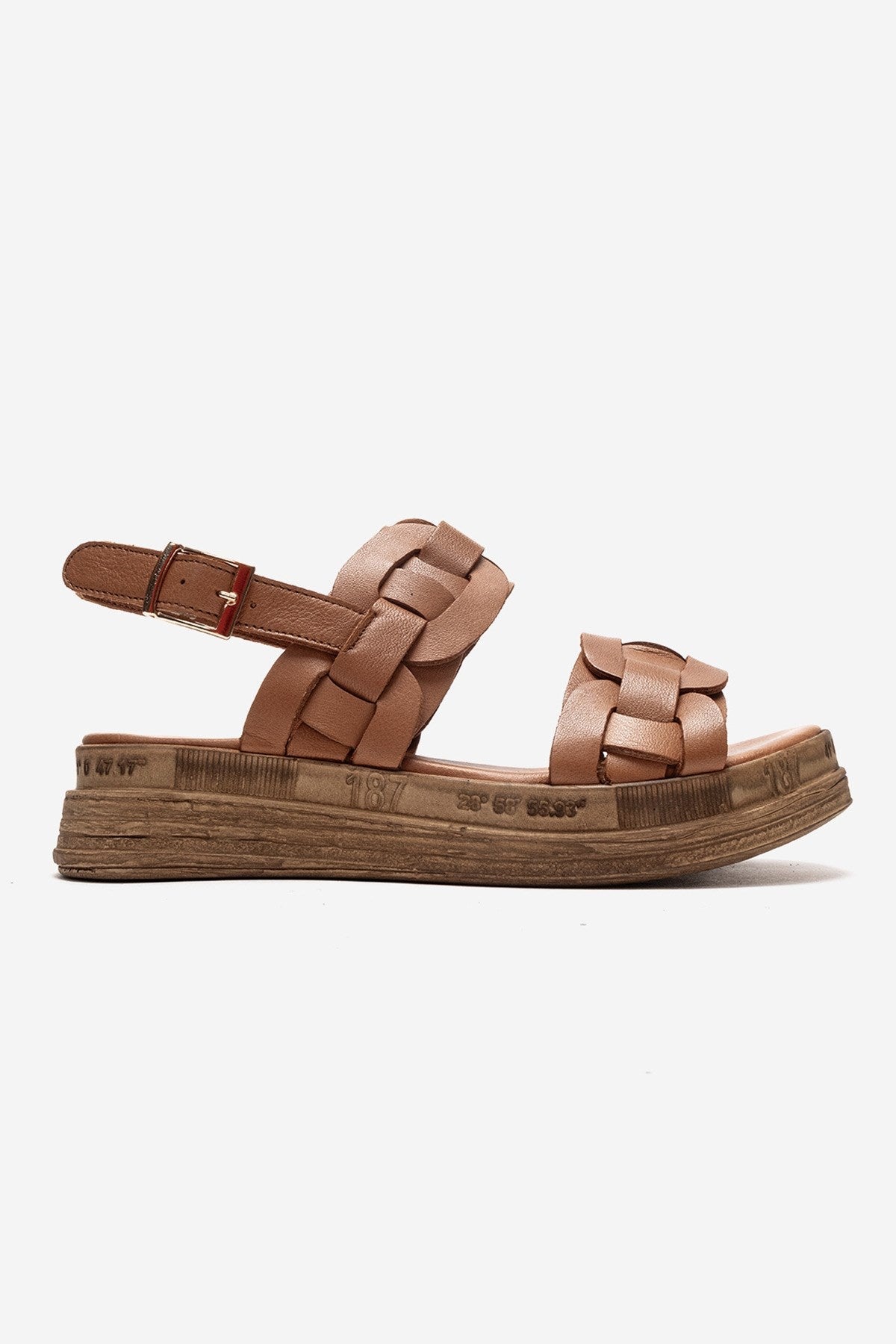 ELVORO - Camel Genuine Leather Sandal – heel view showing leather, Vowalisse