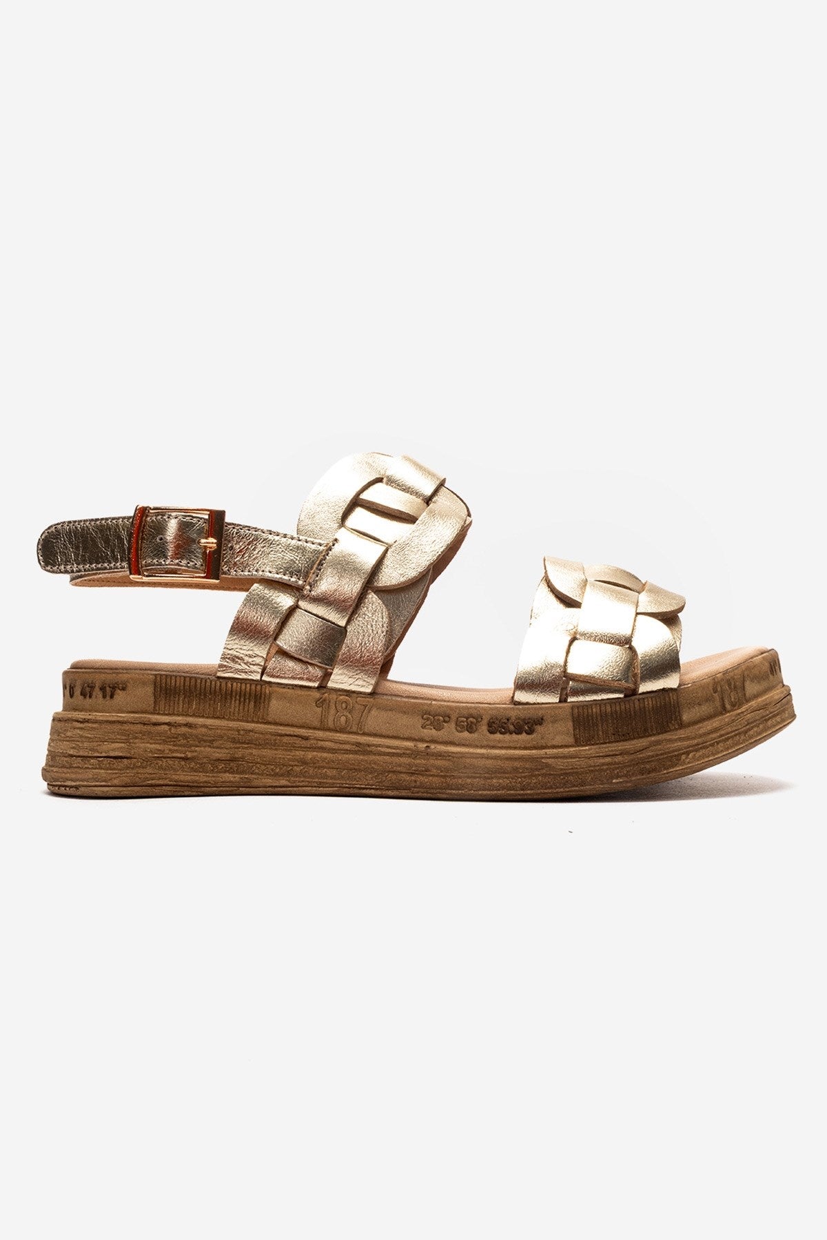 ELVORO - Gold Genuine Leather Sandal – heel view showing leather, metallic, gold, Vowalisse