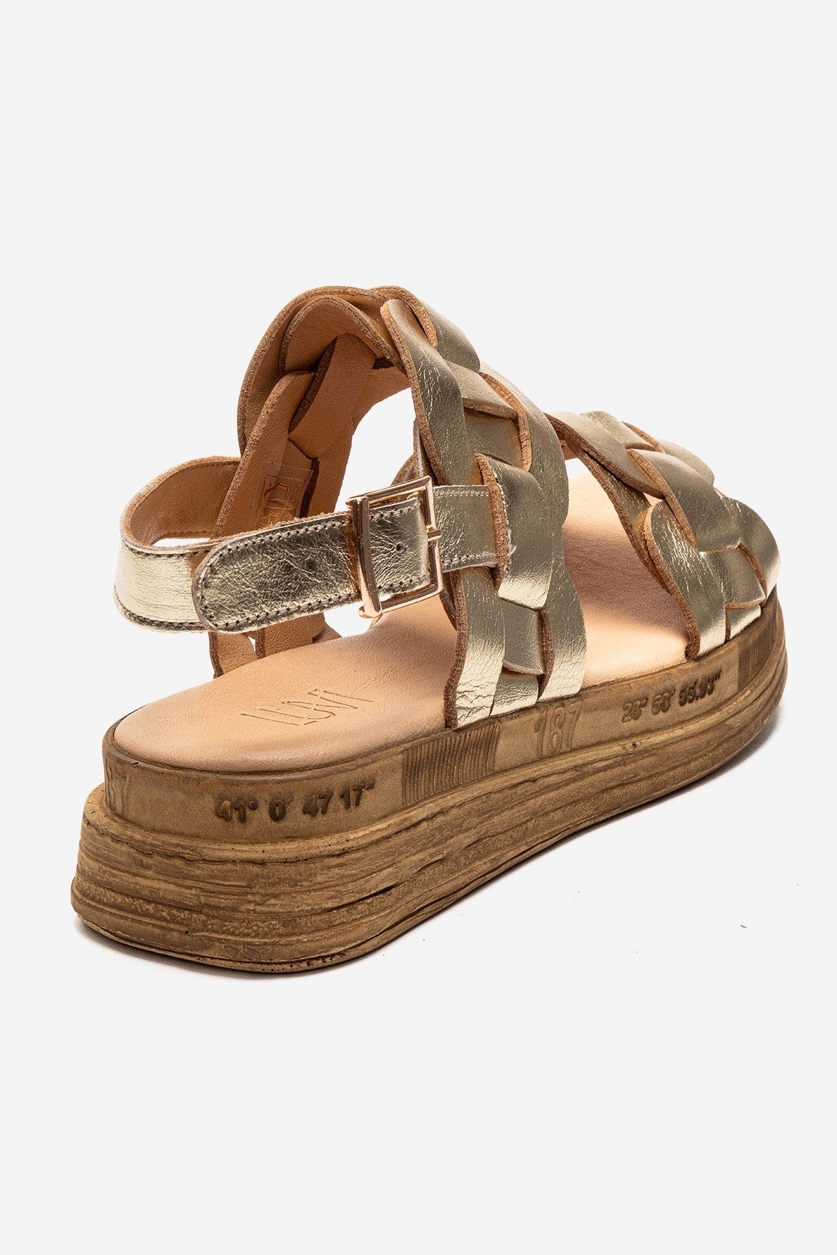 ELVORO - Gold Genuine Leather Sandal – back view showing leather, metallic, gold, Vowalisse