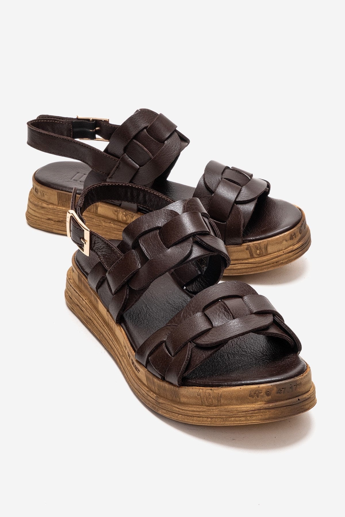 ELVORO - Brown Genuine Leather Sandal – front three-quarter view showing leather, Vowalisse