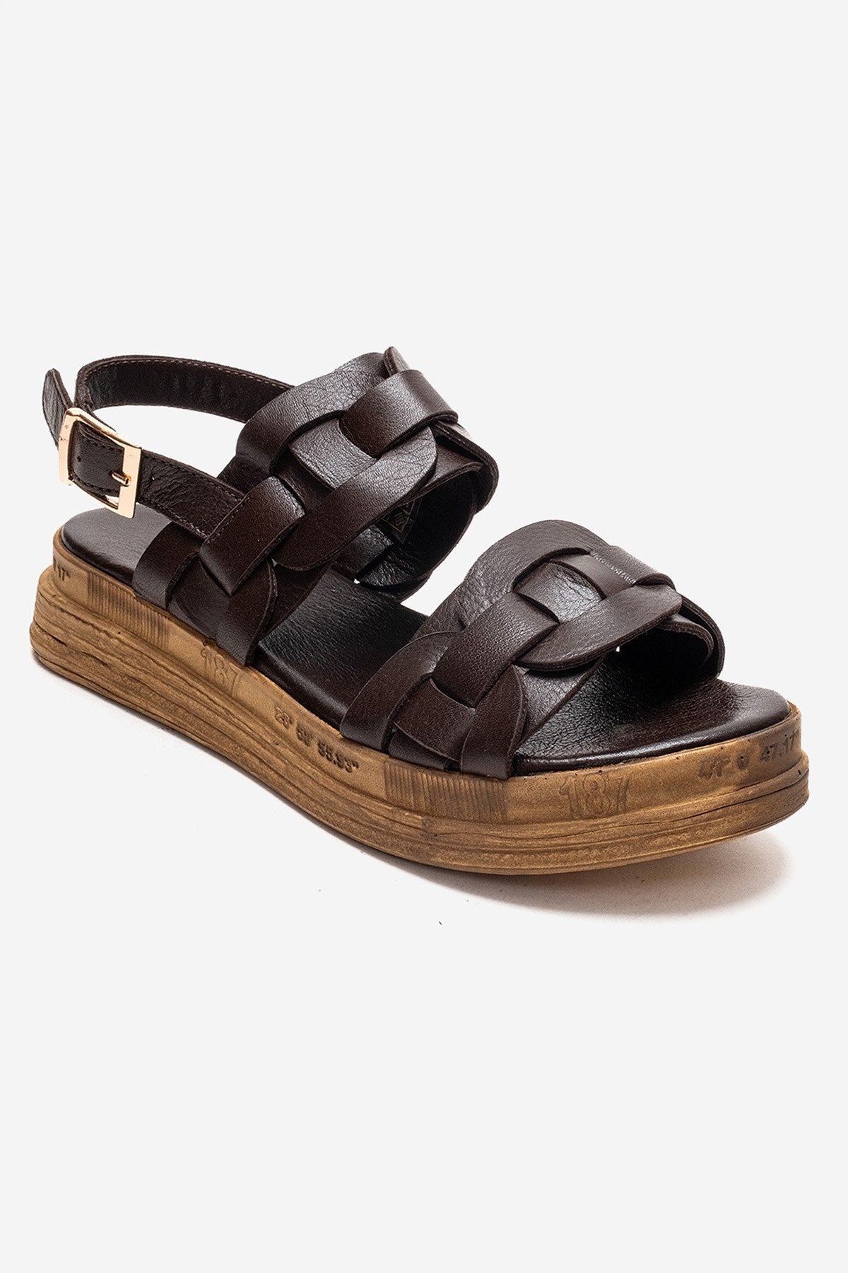 ELVORO - Brown Genuine Leather Sandal – detail view showing leather, Vowalisse