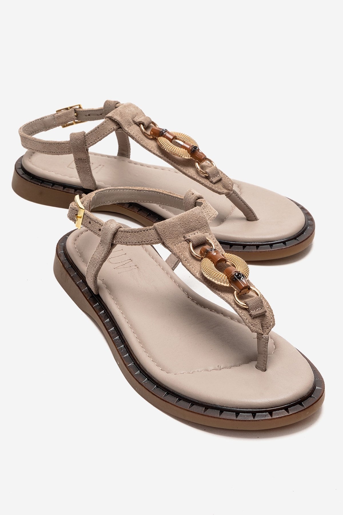 TIANA - Taupe Genuine Leather Buckle Toe-Post Sandal – front three-quarter view showing leather, Vowalisse