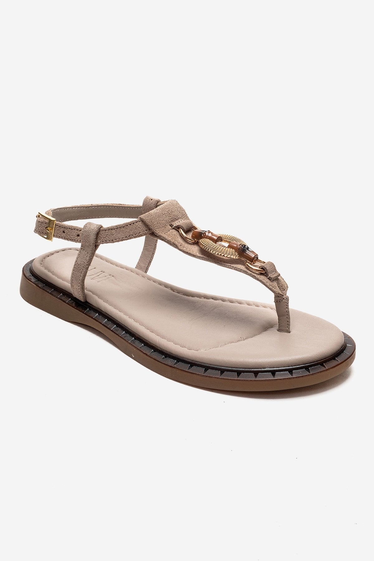 TIANA - Taupe Genuine Leather Buckle Toe-Post Sandal – detail view showing leather, Vowalisse