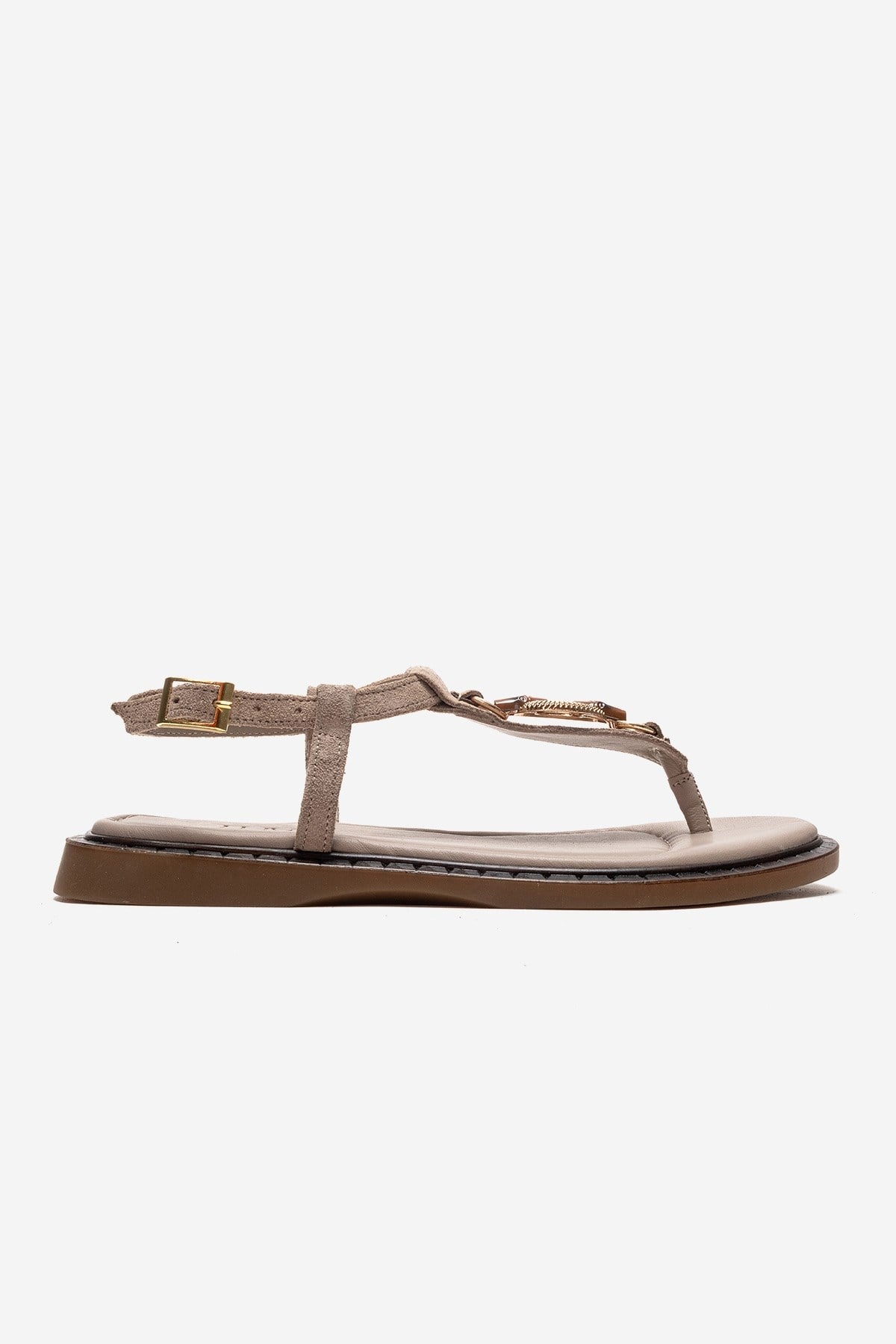 TIANA - Taupe Genuine Leather Buckle Toe-Post Sandal – heel view showing leather, Vowalisse