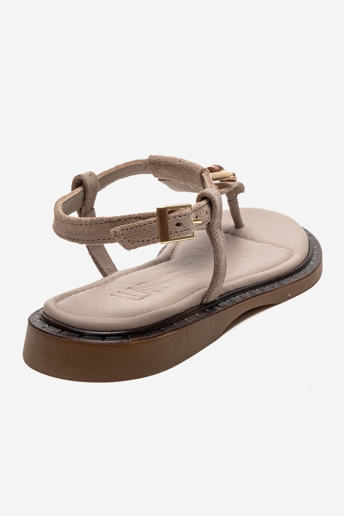 TIANA - Taupe Genuine Leather Buckle Toe-Post Sandal – back view showing leather, Vowalisse