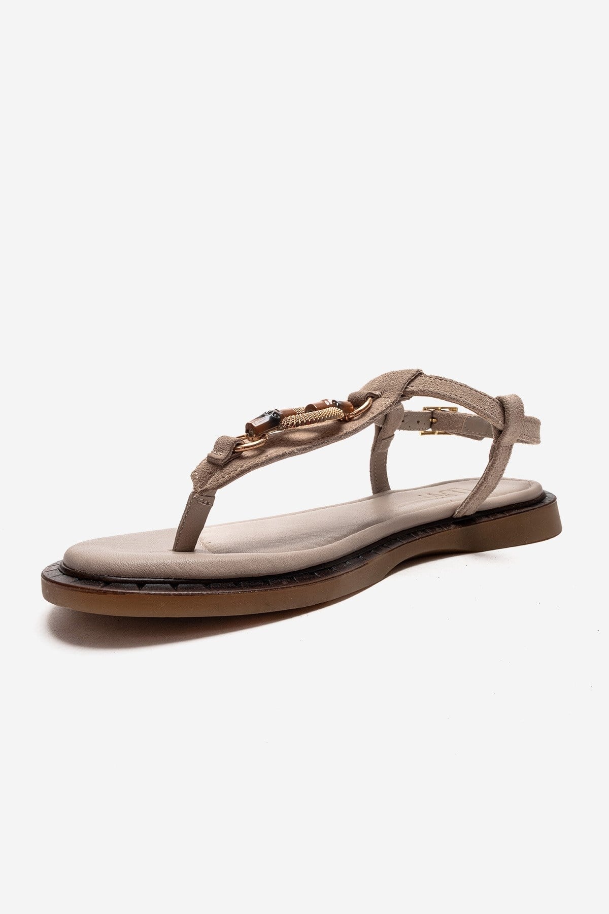 TIANA - Taupe Genuine Leather Buckle Toe-Post Sandal – top view showing leather, Vowalisse