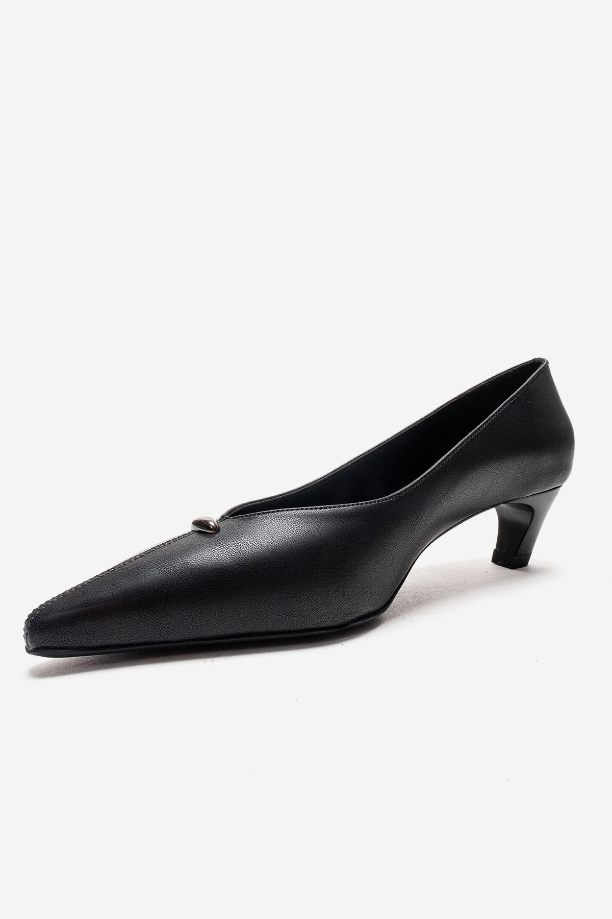 VERSAY - Black Pointed Toe Kitten Heel Pump – top view showing leather, black, Vowalisse