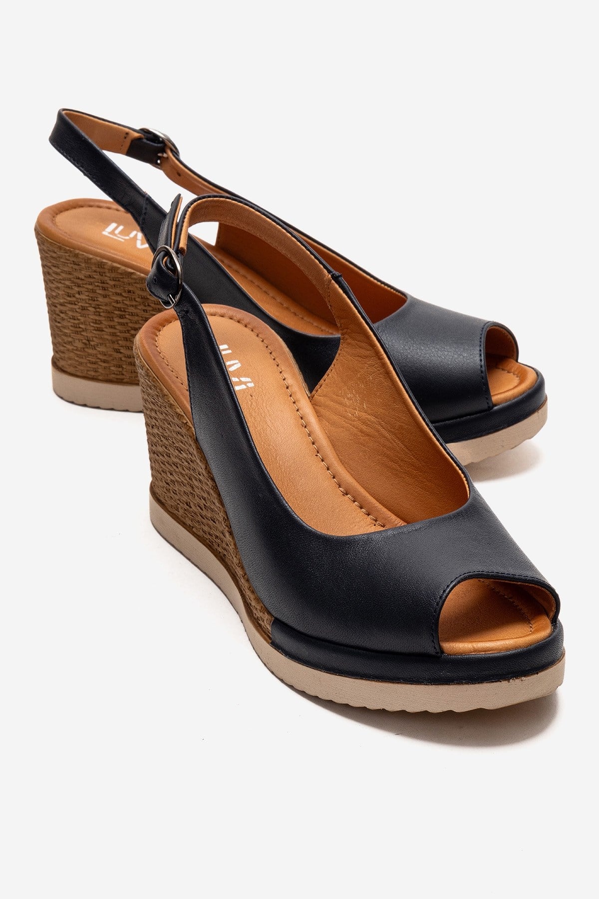 HELINA - Navy Genuine Leather Wedge Sandal – front three-quarter view showing leather, Vowalisse