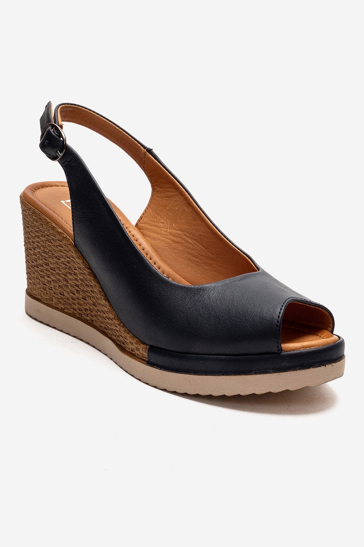 HELINA - Navy Genuine Leather Wedge Sandal – detail view showing leather, Vowalisse