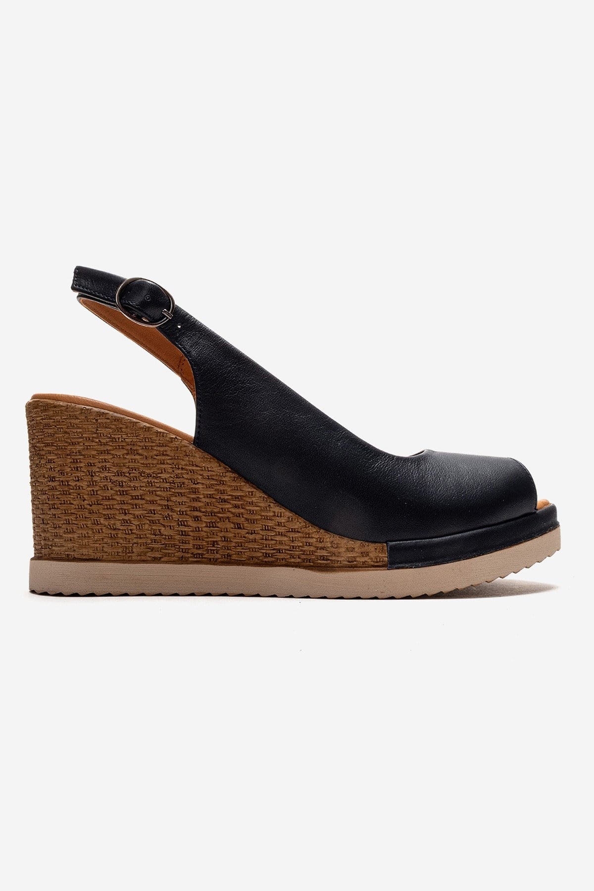 HELINA - Navy Genuine Leather Wedge Sandal – heel view showing leather, Vowalisse
