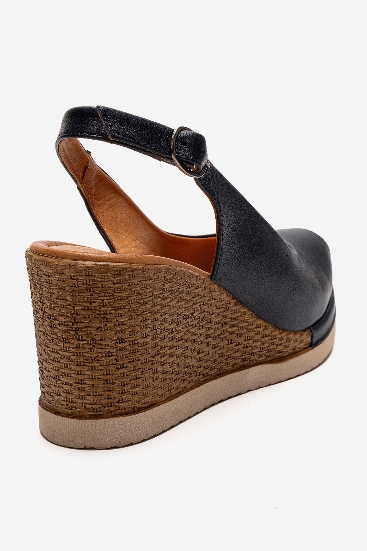 HELINA - Navy Genuine Leather Wedge Sandal – back view showing leather, Vowalisse
