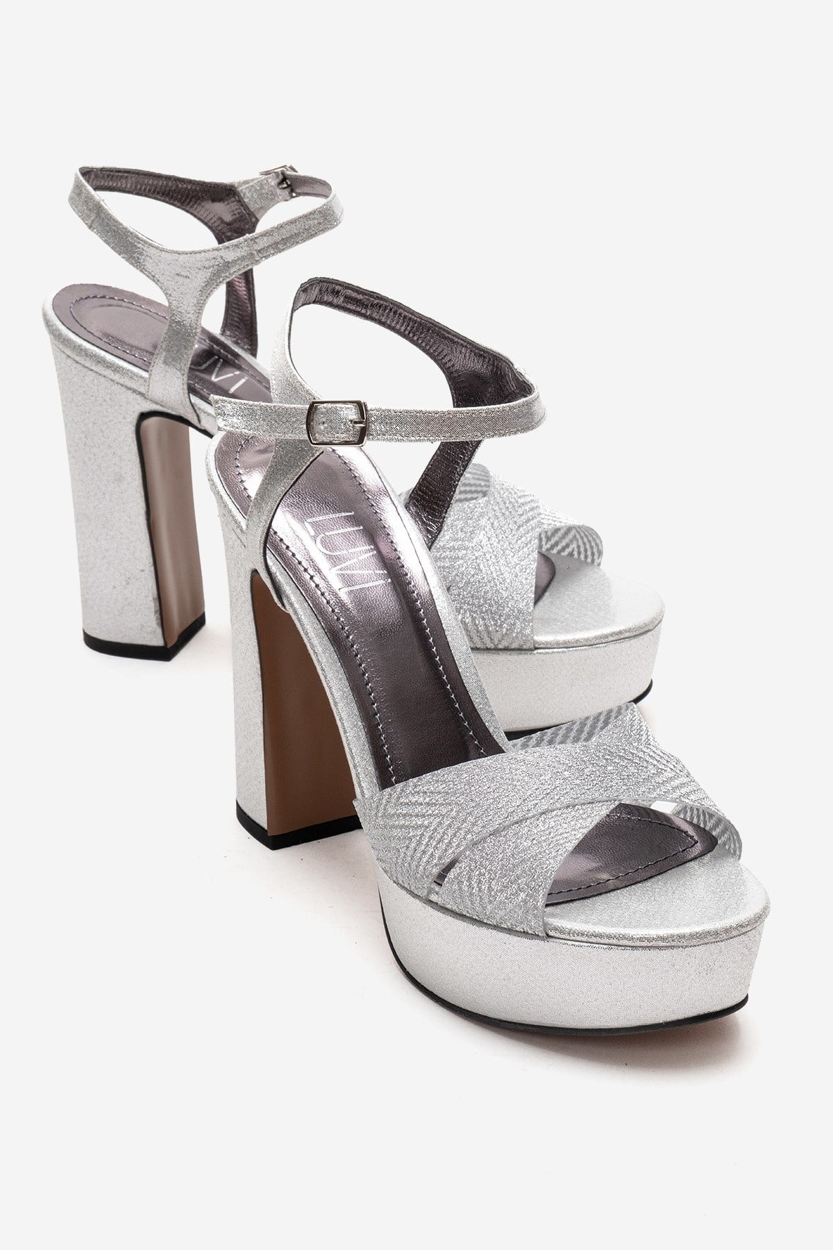ORELION - Silver Platform Heel Evening Shoe – front three-quarter view showing leather, glitter, silver, Vowalisse