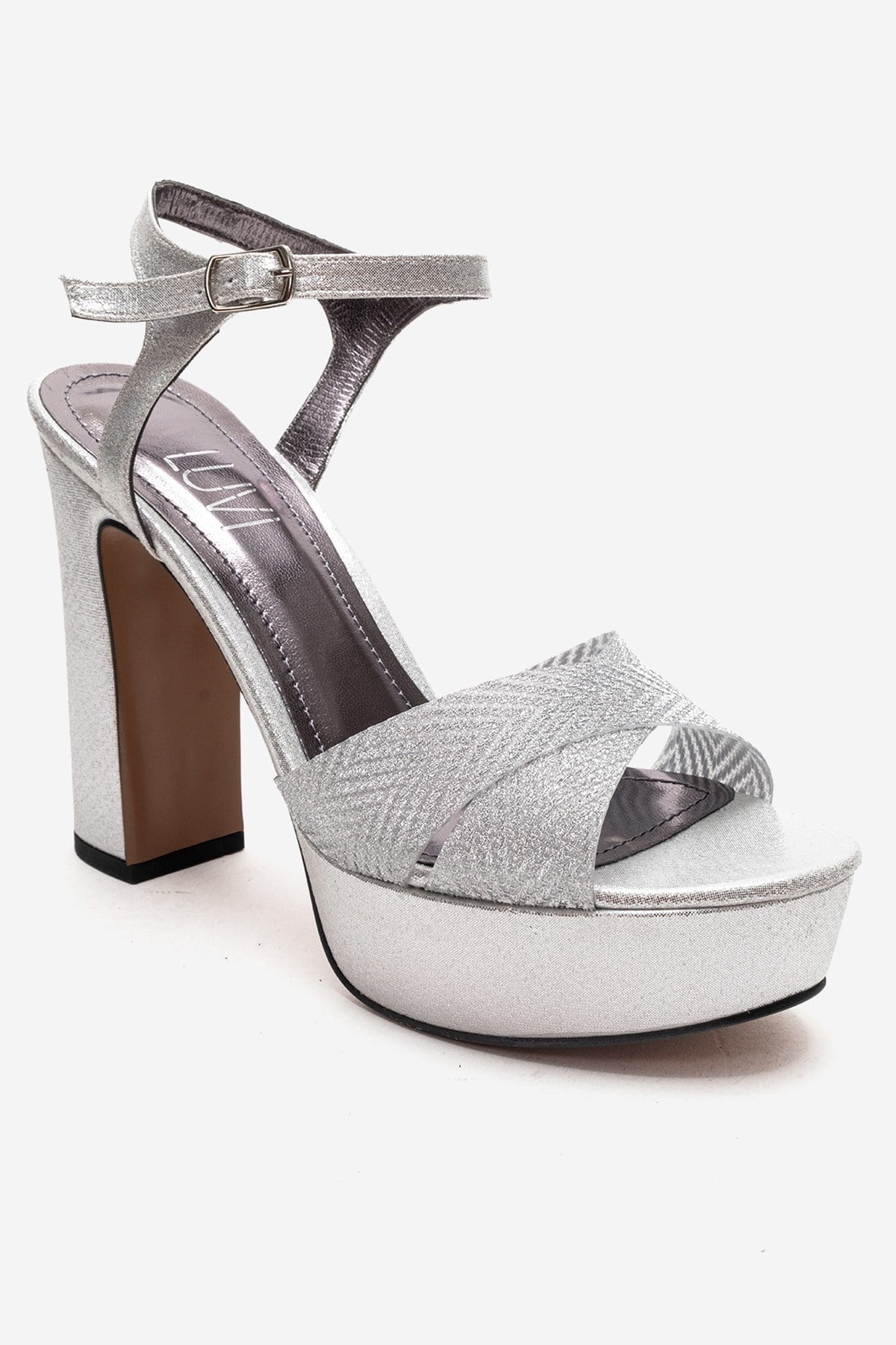ORELION - Silver Platform Heel Evening Shoe – detail view showing leather, glitter, silver, Vowalisse