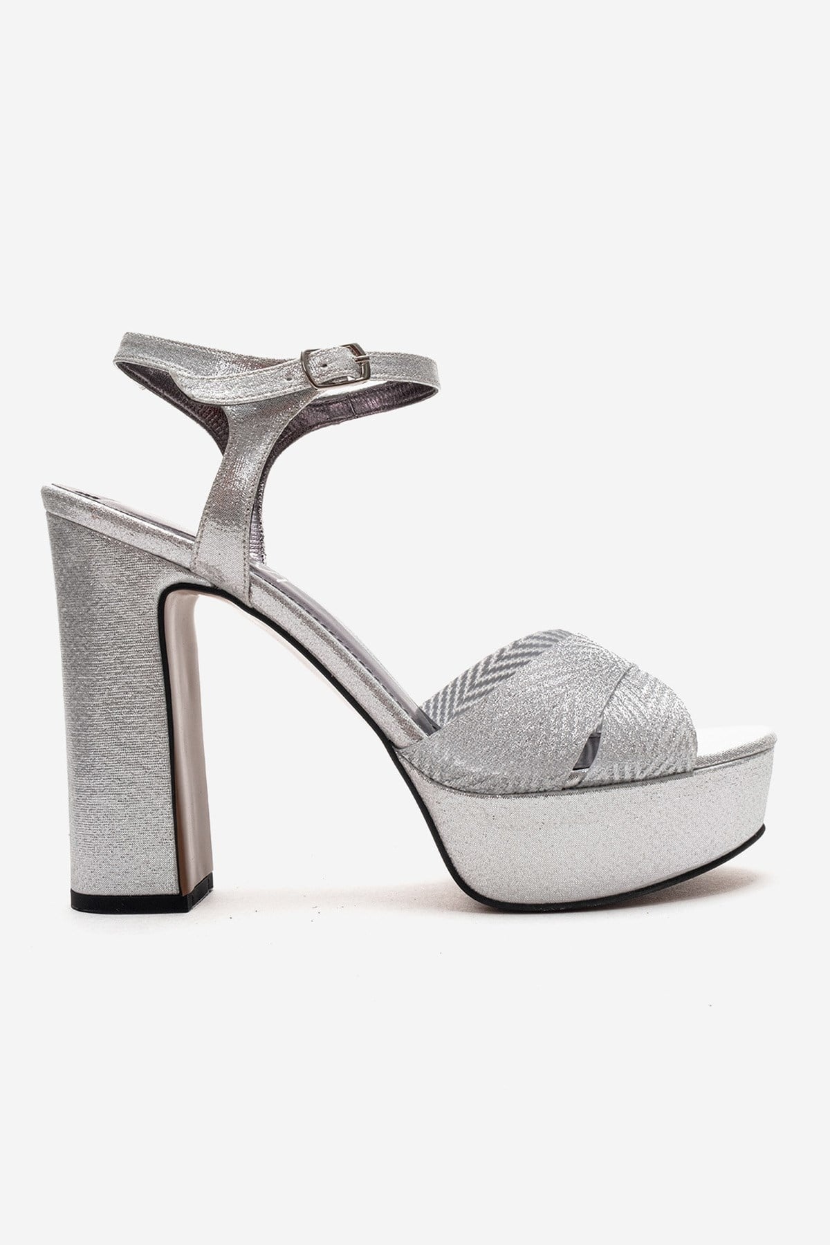 ORELION - Silver Platform Heel Evening Shoe – heel view showing leather, glitter, silver, Vowalisse