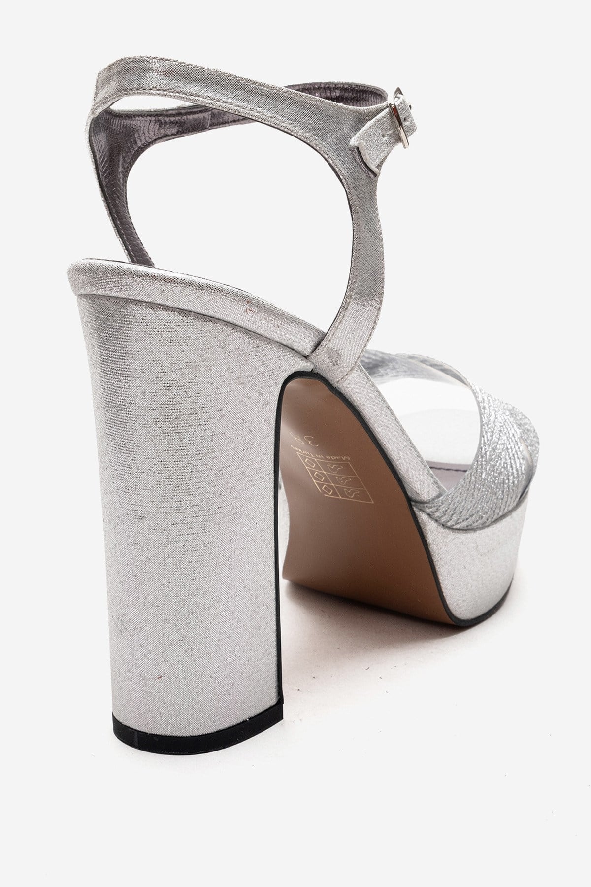 ORELION - Silver Platform Heel Evening Shoe – back view showing leather, glitter, silver, Vowalisse