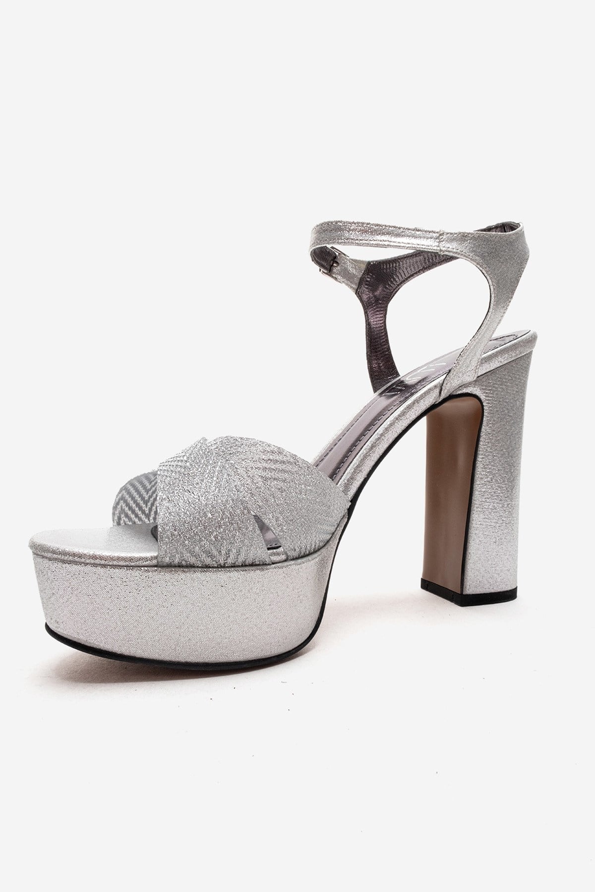 ORELION - Silver Platform Heel Evening Shoe – top view showing leather, glitter, silver, Vowalisse