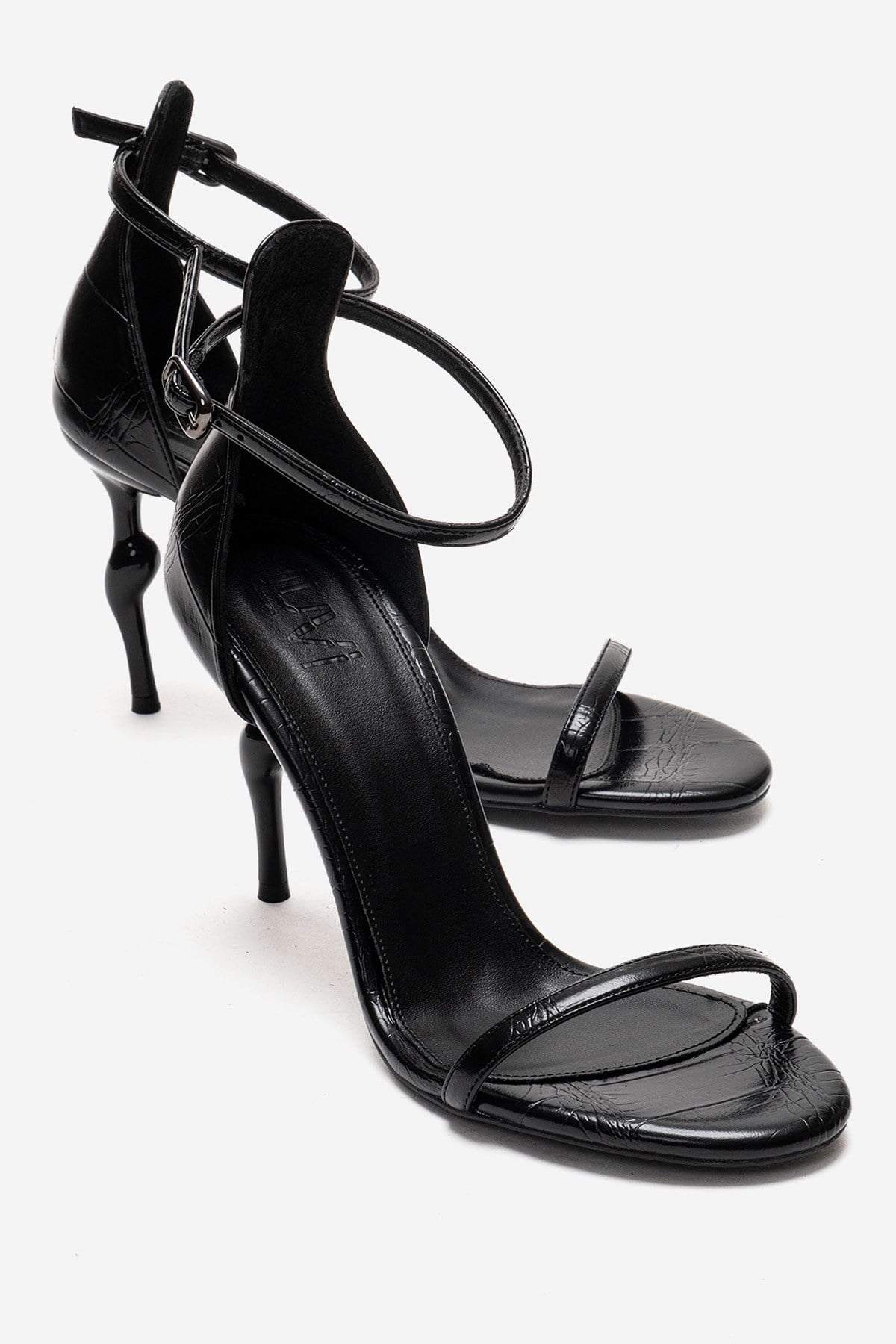 Yelena - Black Patent Thin Strap Stiletto Pump – front three-quarter view showing leather, black, Vowalisse
