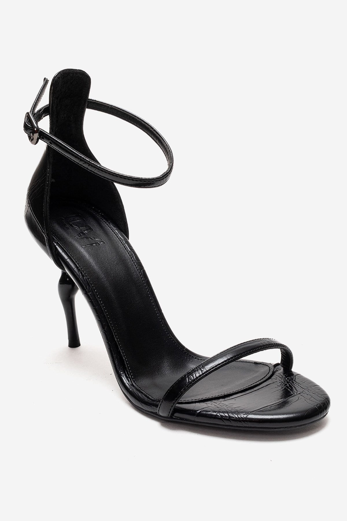 Yelena - Black Patent Thin Strap Stiletto Pump – detail view showing leather, black, Vowalisse