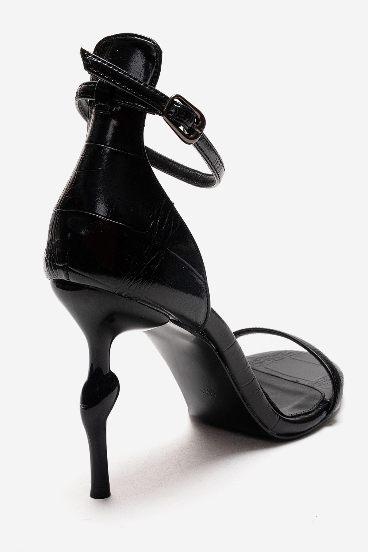 Yelena - Black Patent Thin Strap Stiletto Pump – back view showing leather, black, Vowalisse