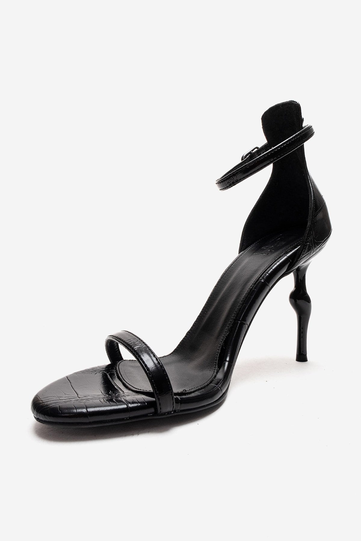 Yelena - Black Patent Thin Strap Stiletto Pump – top view showing leather, black, Vowalisse