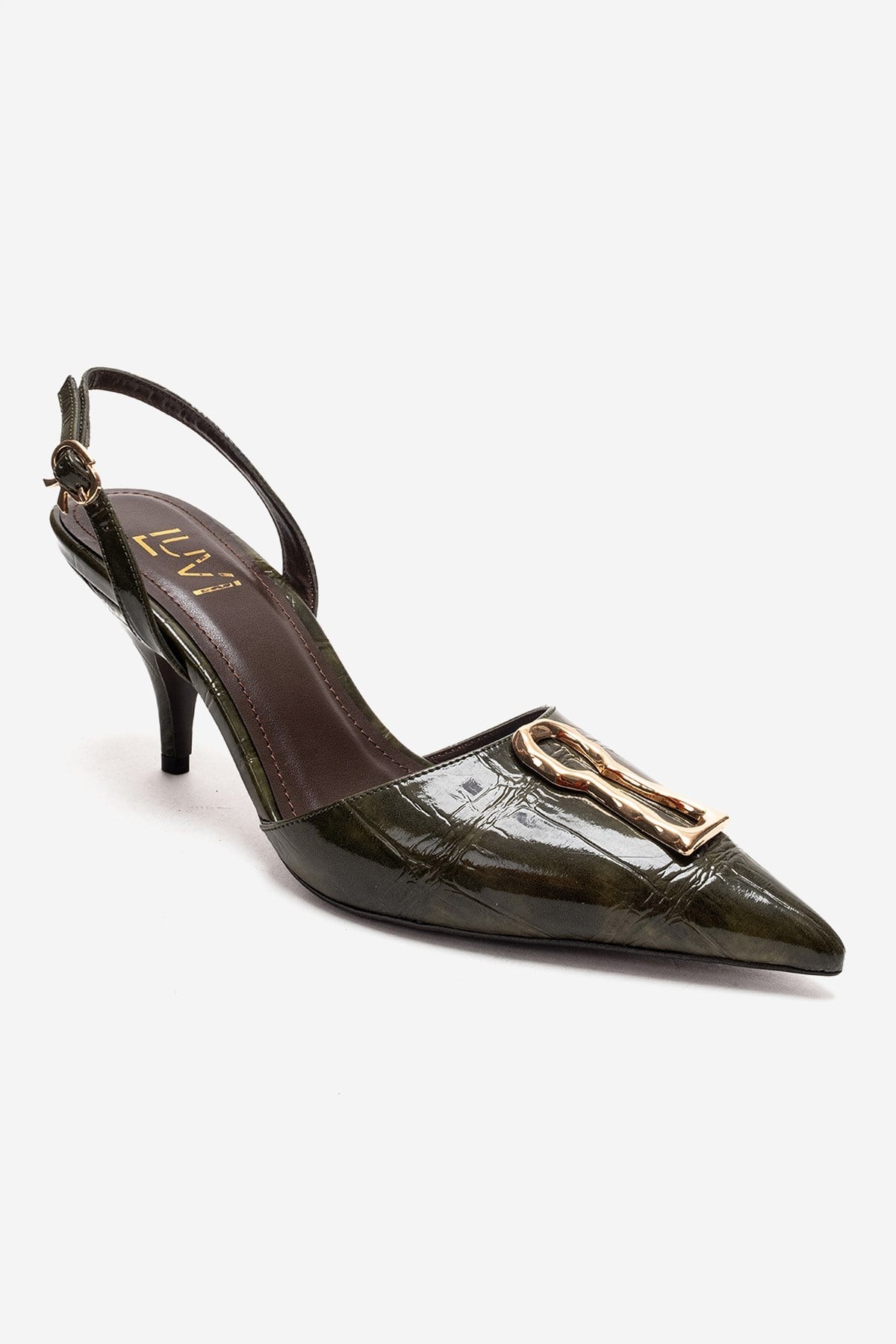 Yvella - Green Patent Buckle Pointed Toe Stiletto Pump – detail view showing leather, green, Vowalisse