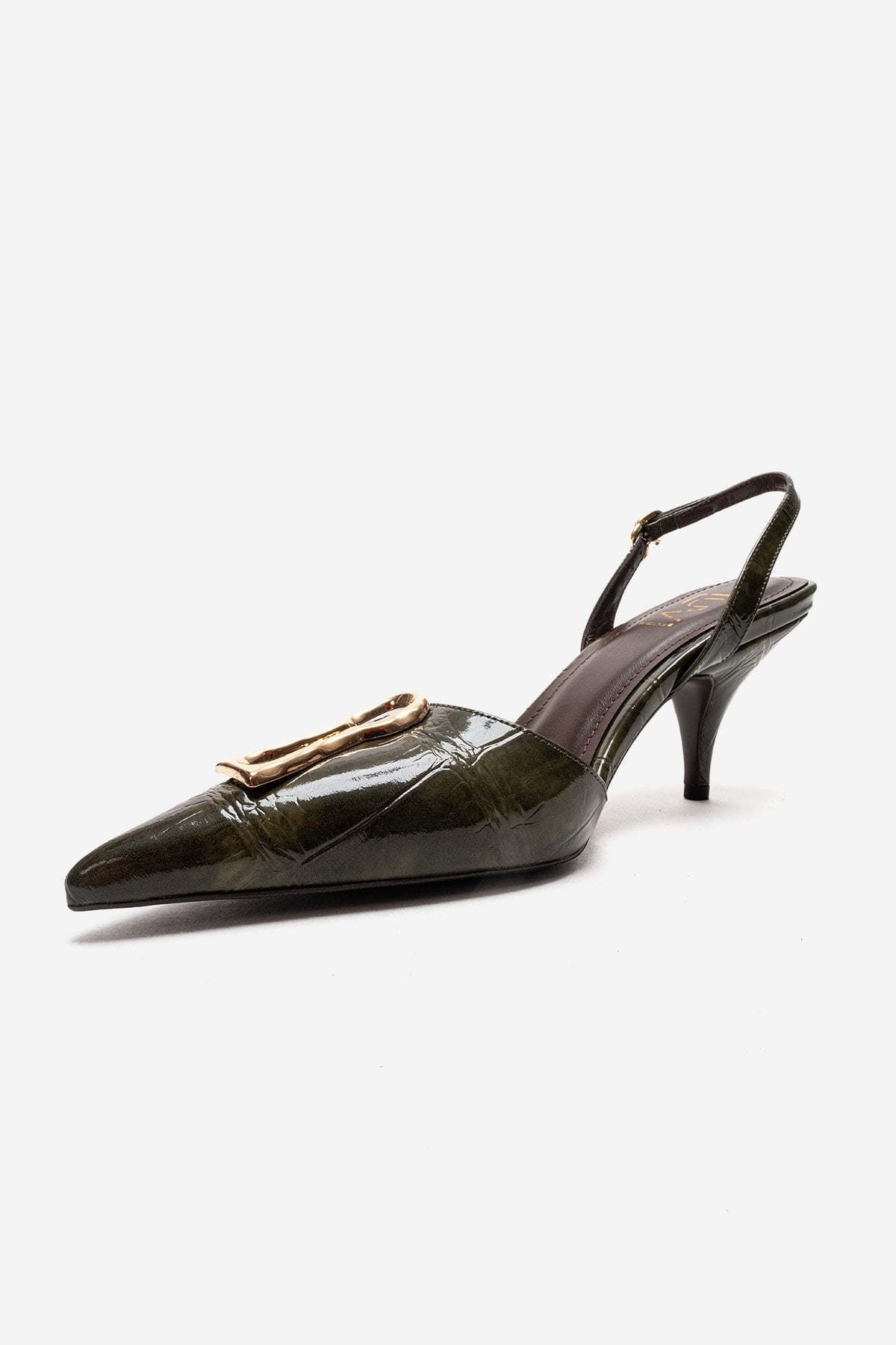 Yvella - Green Patent Buckle Pointed Toe Stiletto Pump – top view showing leather, green, Vowalisse