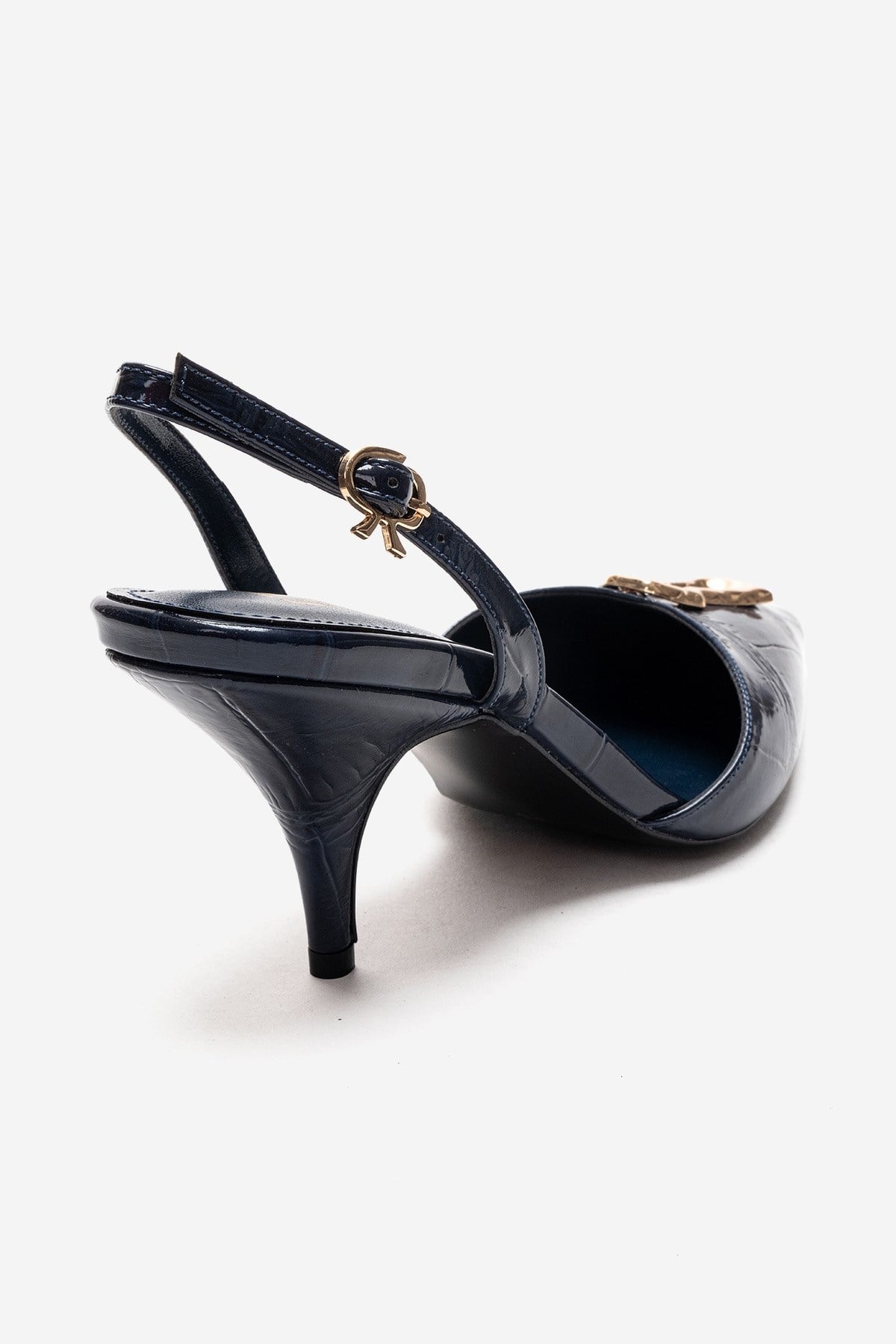 Yvella - Navy Patent Buckle Pointed Toe Stiletto Pump – back view showing leather, Vowalisse
