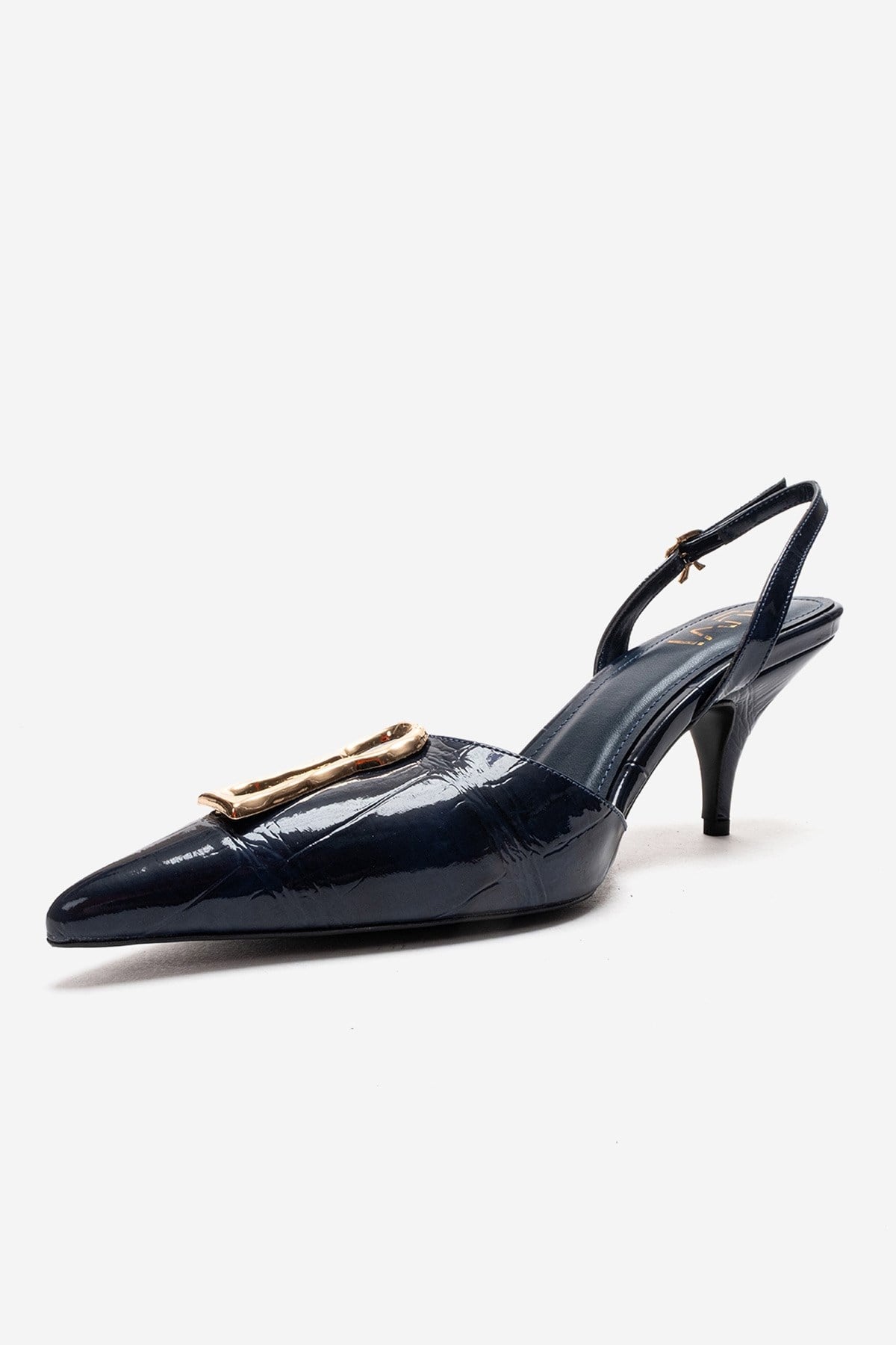 Yvella - Navy Patent Buckle Pointed Toe Stiletto Pump – top view showing leather, Vowalisse
