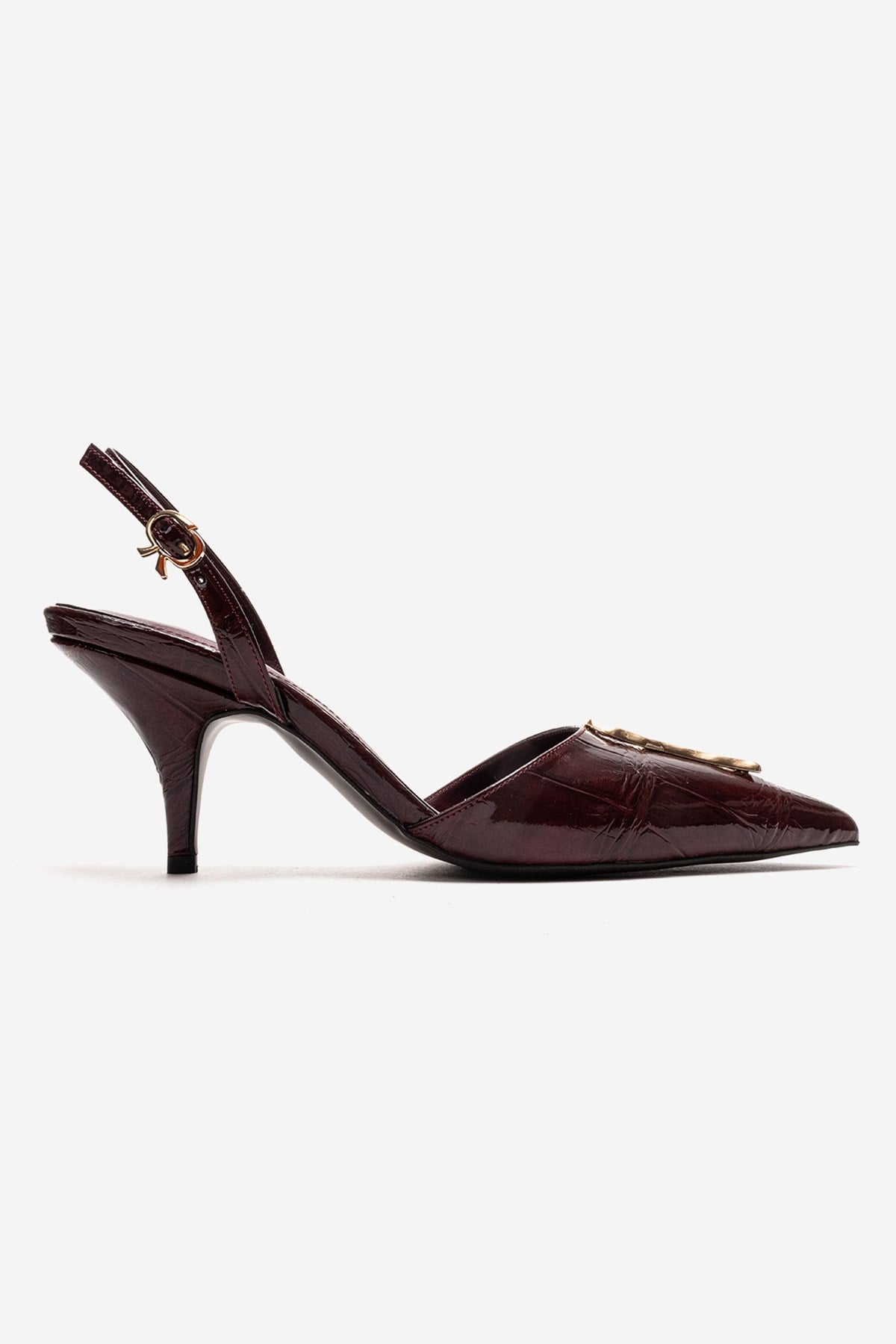 Yvella - Burgundy Patent Buckle Pointed Toe Stiletto Pump – heel view showing leather, metallic, Vowalisse