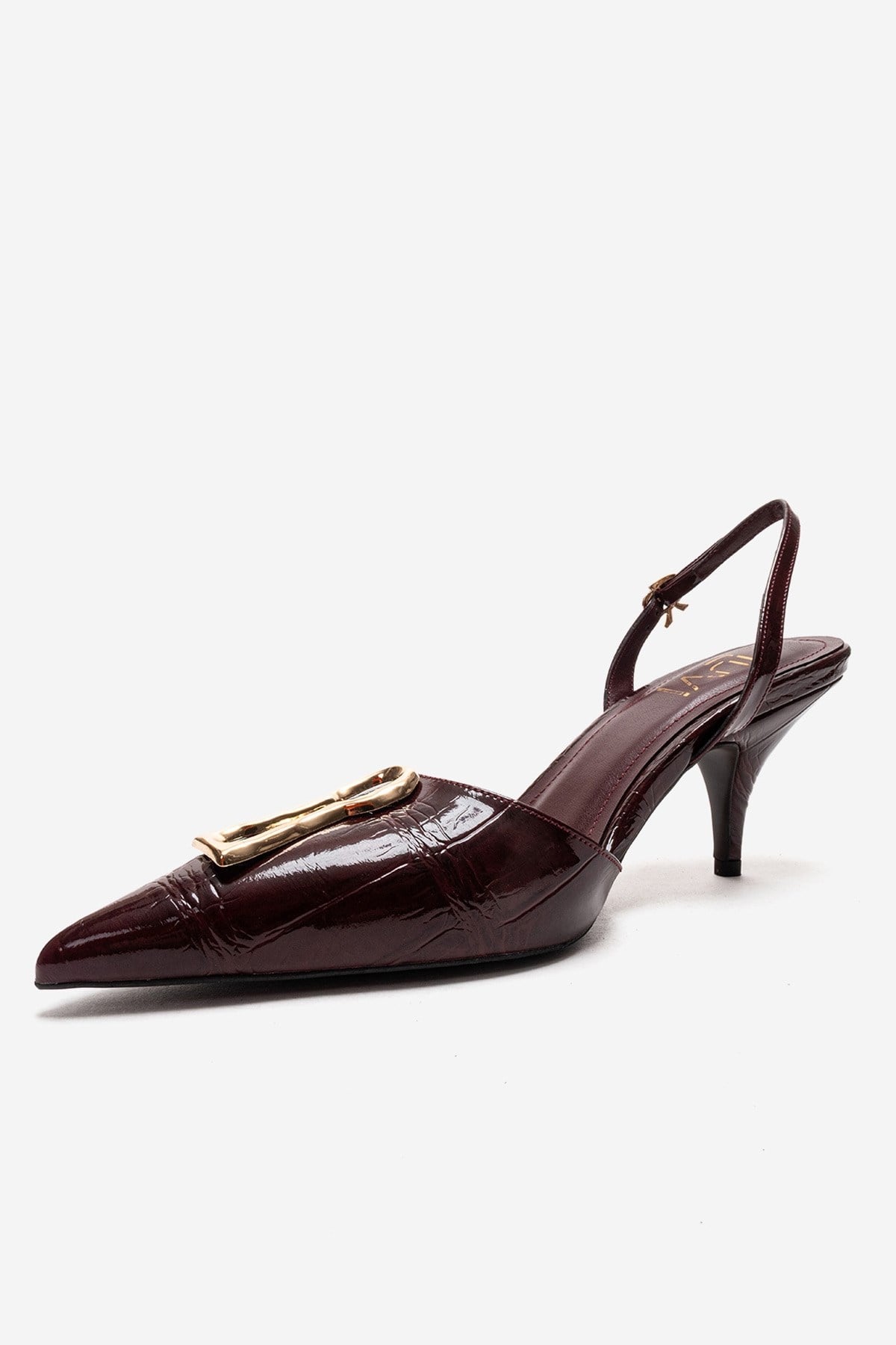 Yvella - Burgundy Patent Buckle Pointed Toe Stiletto Pump – top view showing leather, metallic, Vowalisse