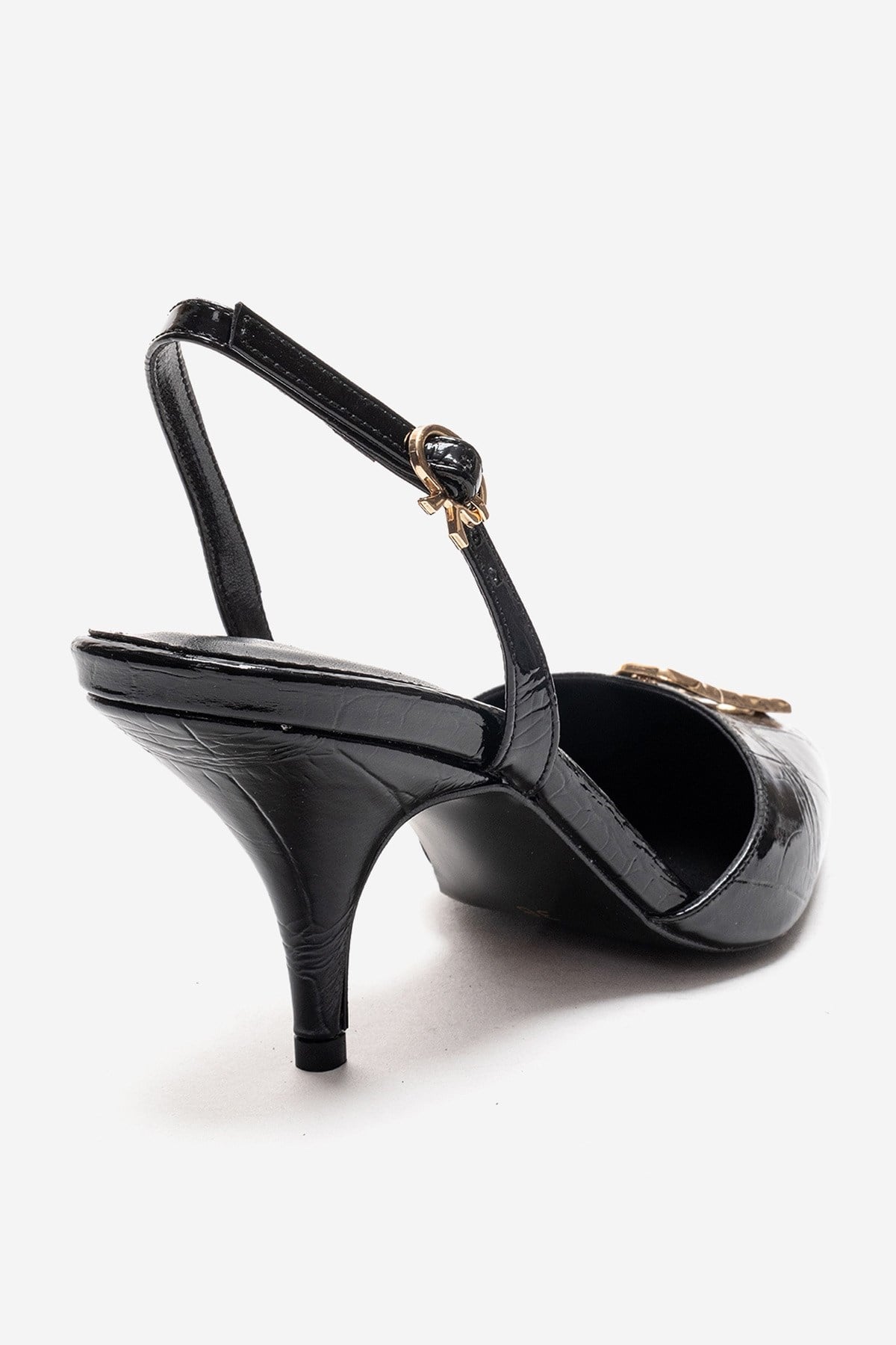 Yvella - Black Patent Buckle Pointed Toe Stiletto Pump – back view showing leather, metallic, black, Vowalisse