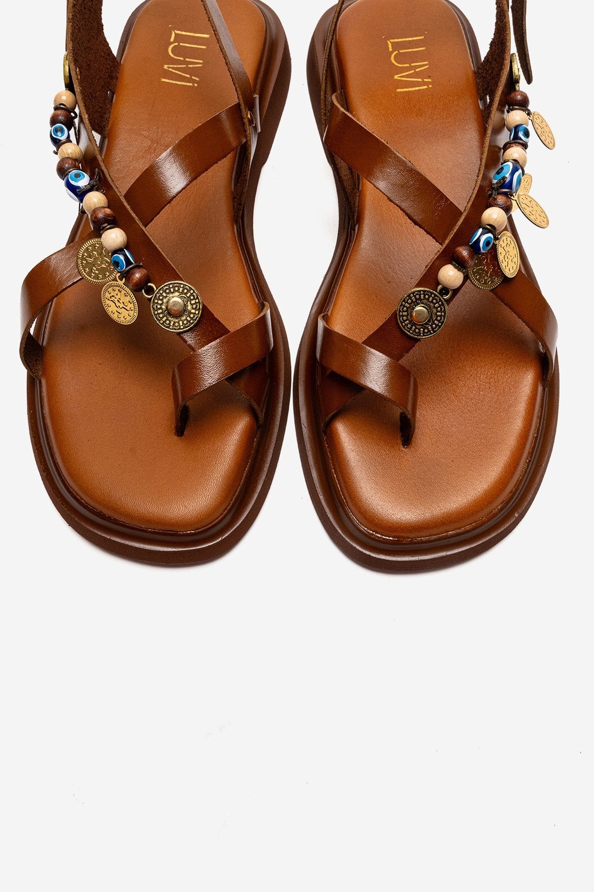 HUSH - Cognac Genuine Leather Beaded Toe-Post Sandal – side view showing leather, beaded, Vowalisse